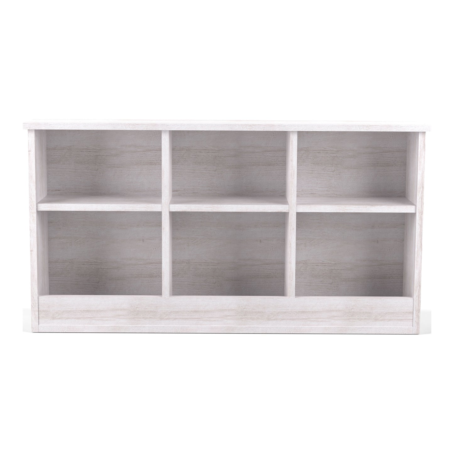Front-facing optional bookcase headboard only from a transitional white oak two-drawer four-shelf storage bed on a white background