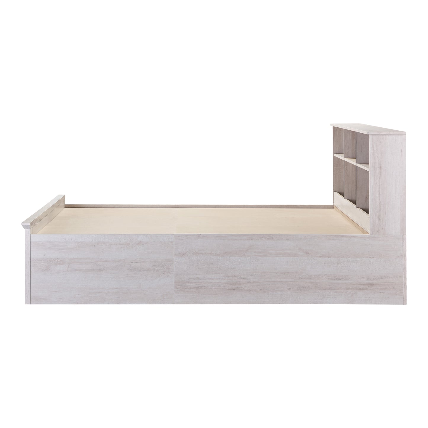 Front-facing side view of a transitional white oak two-drawer four-shelf storage bed shown with optional bookcase headboard on a white background