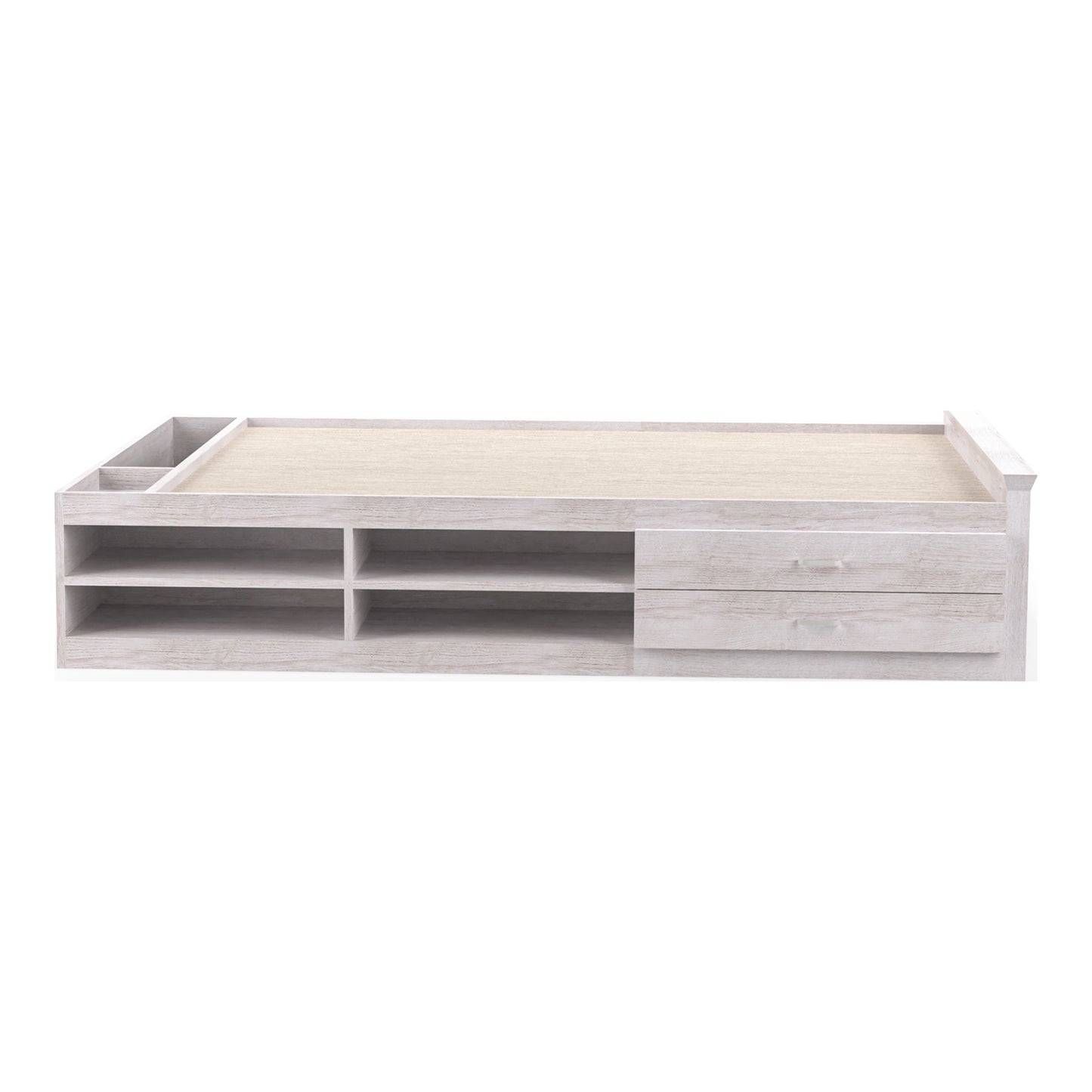 Front-facing side view of a transitional white two-drawer four-shelf storage bed on a white background