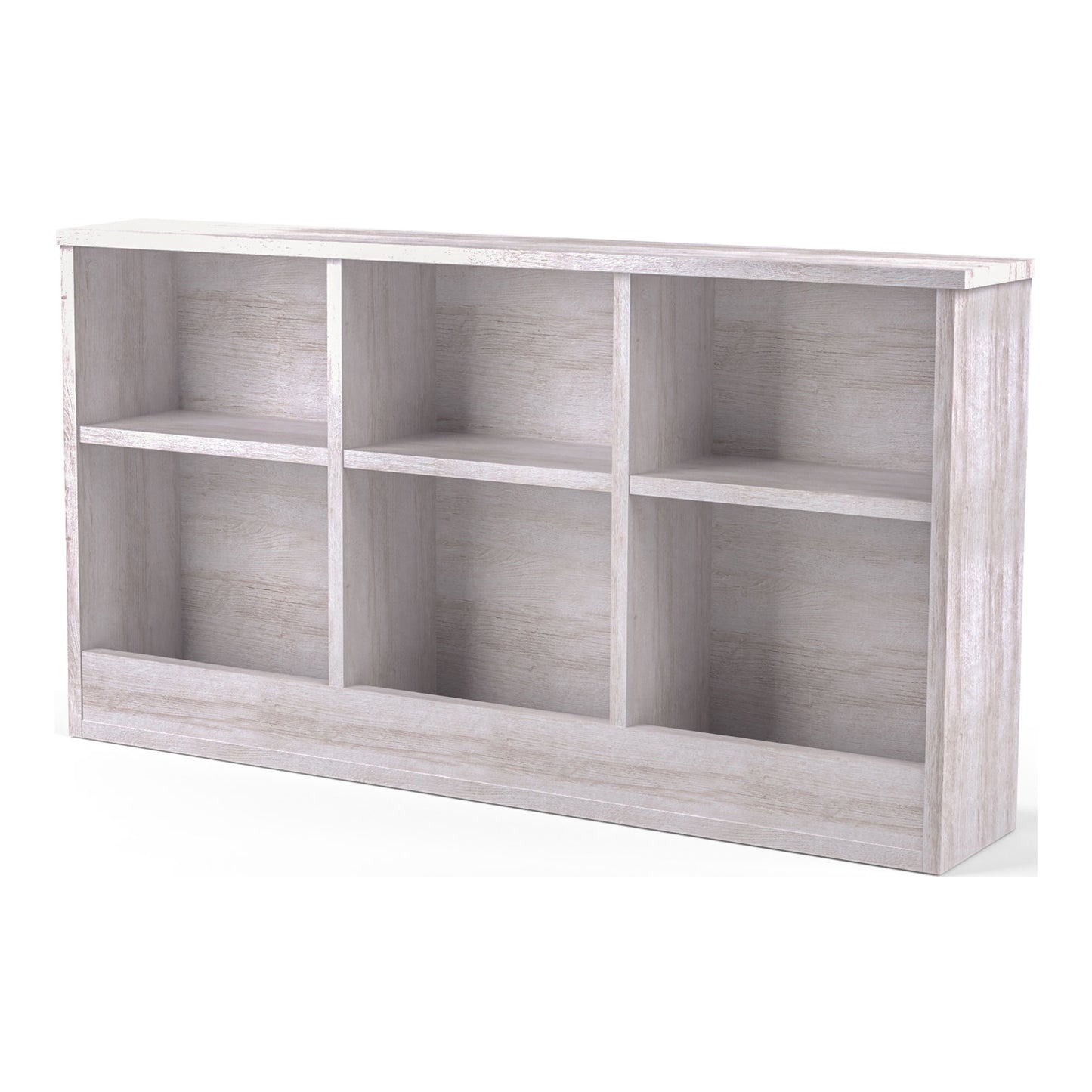 Left angled optional headboard only from a transitional white two-drawer four-shelf storage bed on a white background