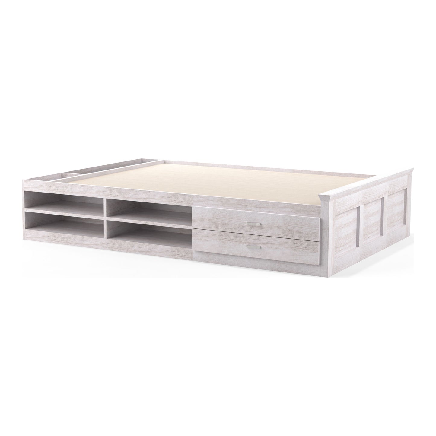 Right angled transitional white two-drawer four-shelf storage bed on a white background