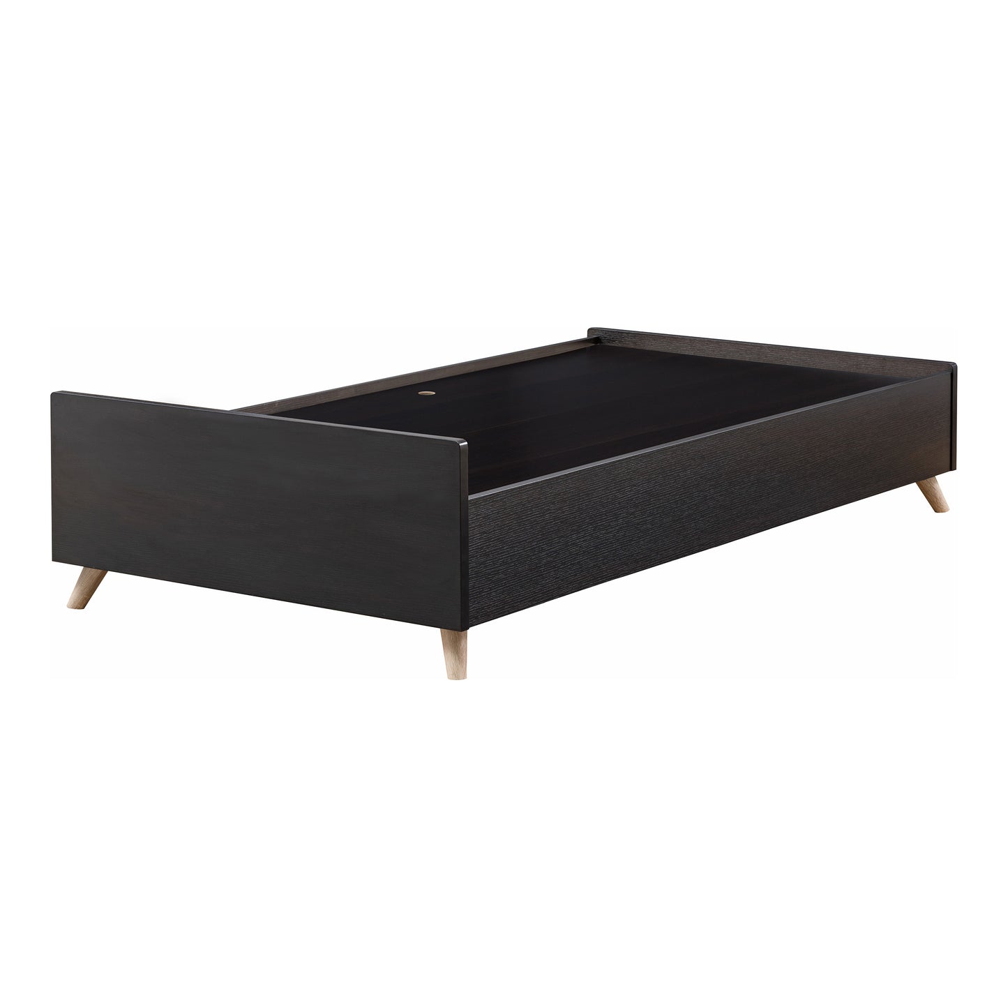 Left angled contemporary cappuccino three-drawer platform bed on a white background