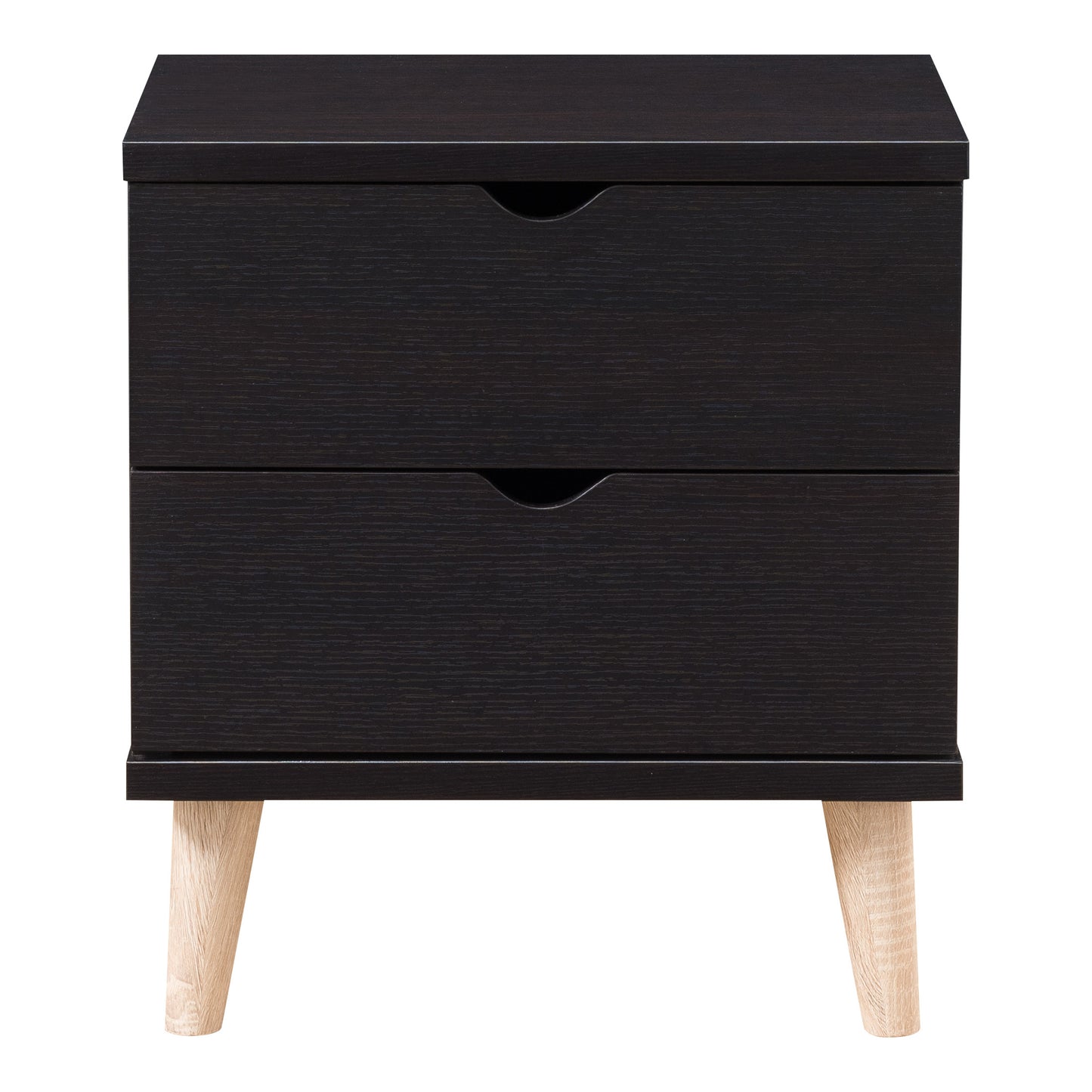 Front-facing mid-century modern cappuccino two-drawer nightstand on a white background