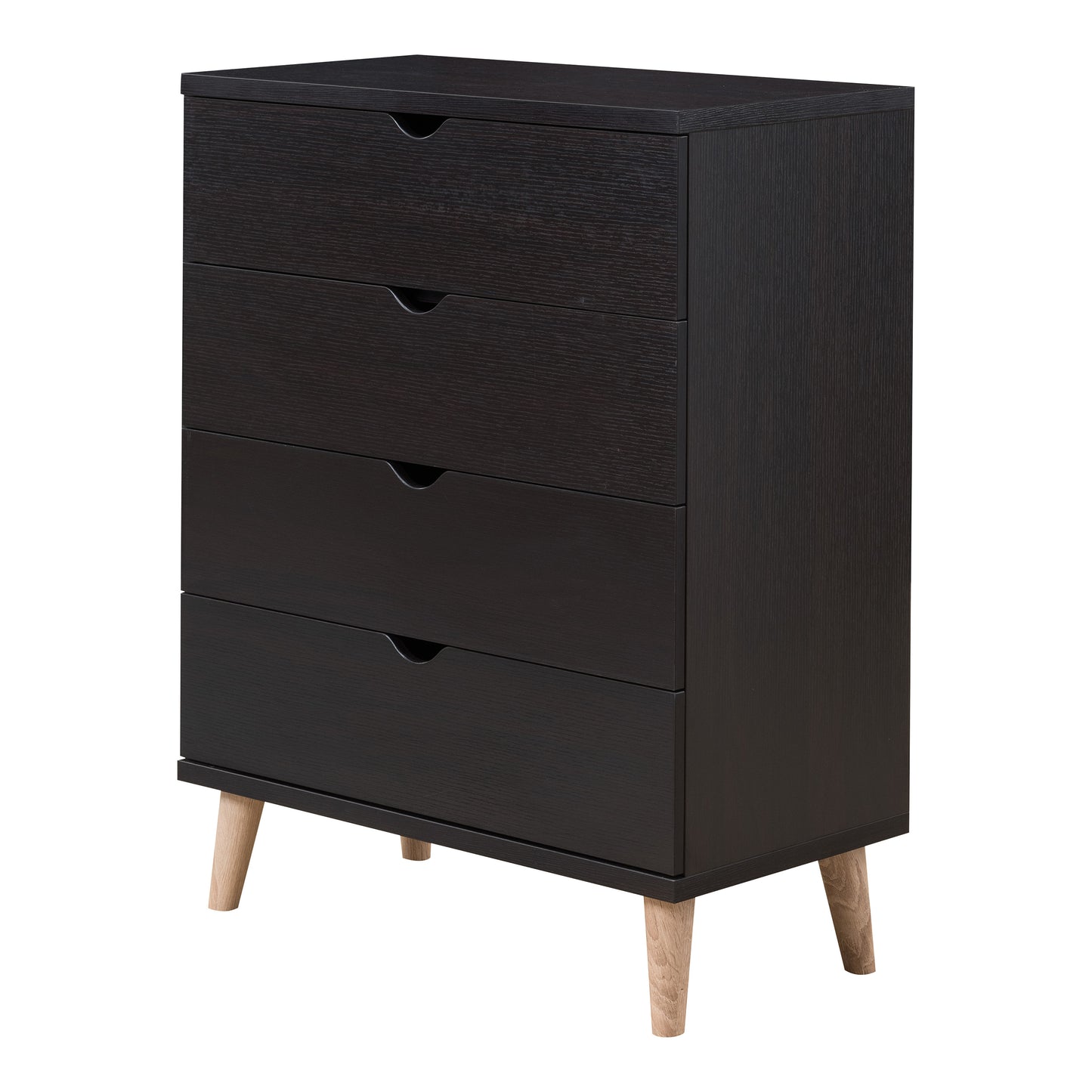 Left angled mid-century modern cappuccino four-drawer chest dresser on a white background