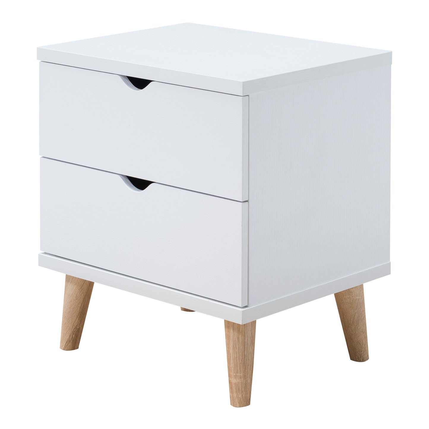Left angled mid-century modern white two-drawer nightstand on a white background