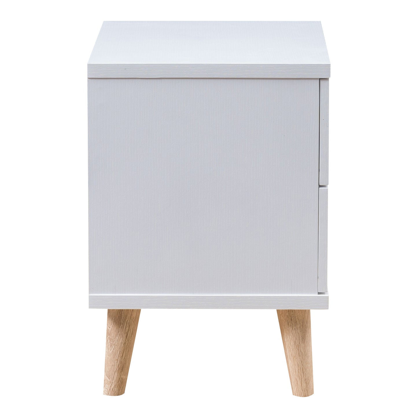 Front-facing side view of a mid-century modern white two-drawer nightstand on a white background