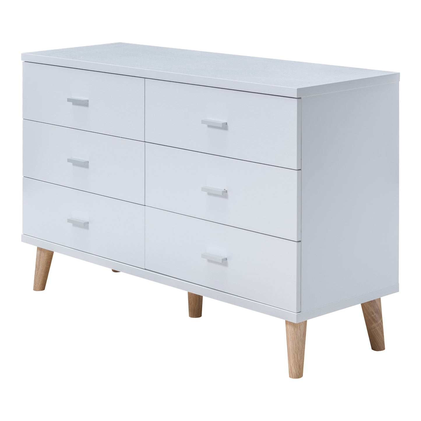Left angled mid-century modern white six-drawer dresser on a white background