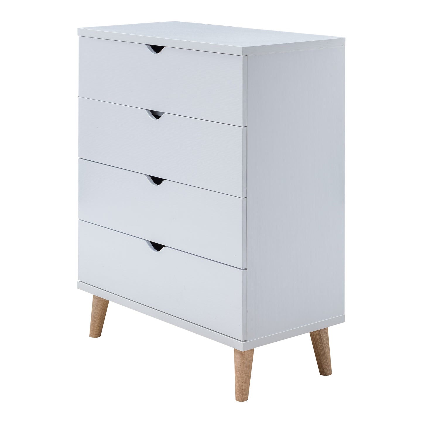 Left angled mid-century modern white four-drawer chest dresser on a white background