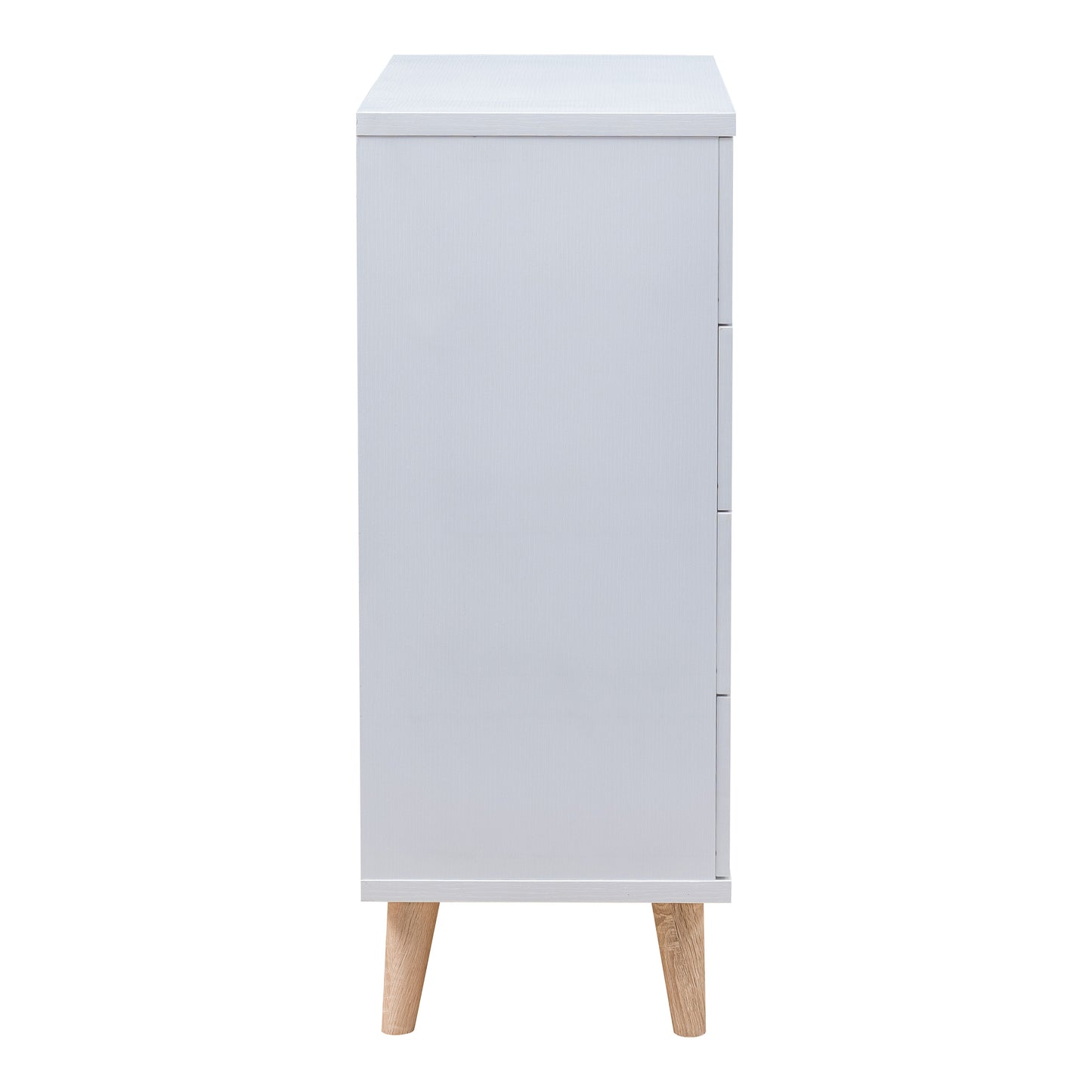 Front-facing side view of a mid-century modern white four-drawer chest dresser on a white background