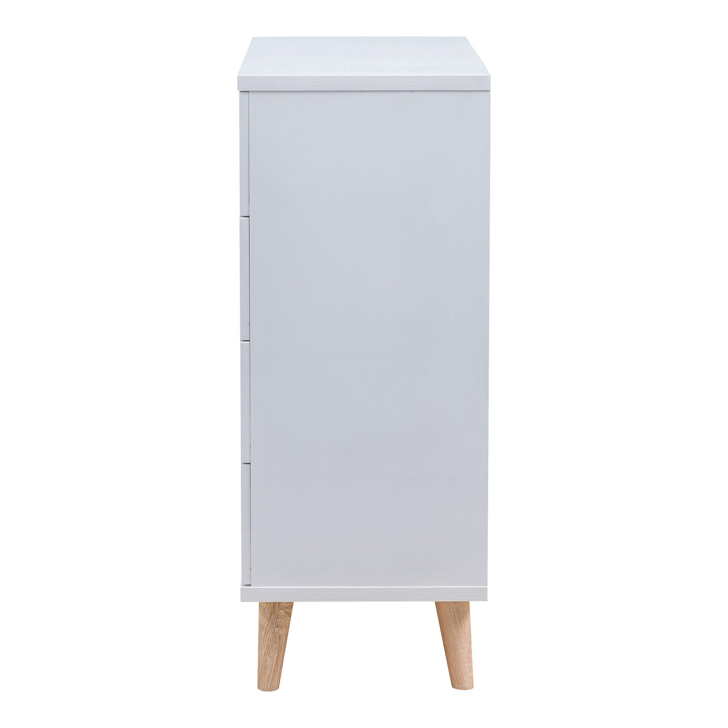 Front-facing side view of a mid-century modern white four-drawer chest dresser on a white background