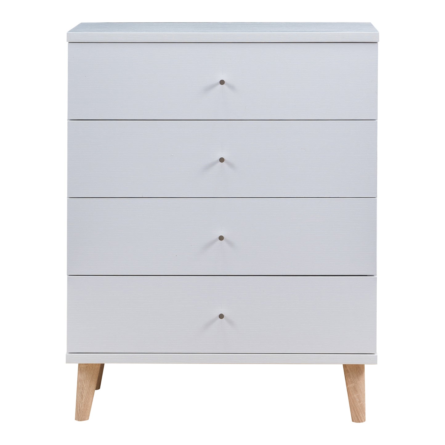 Front-facing mid-century modern white four-drawer chest dresser on a white background
