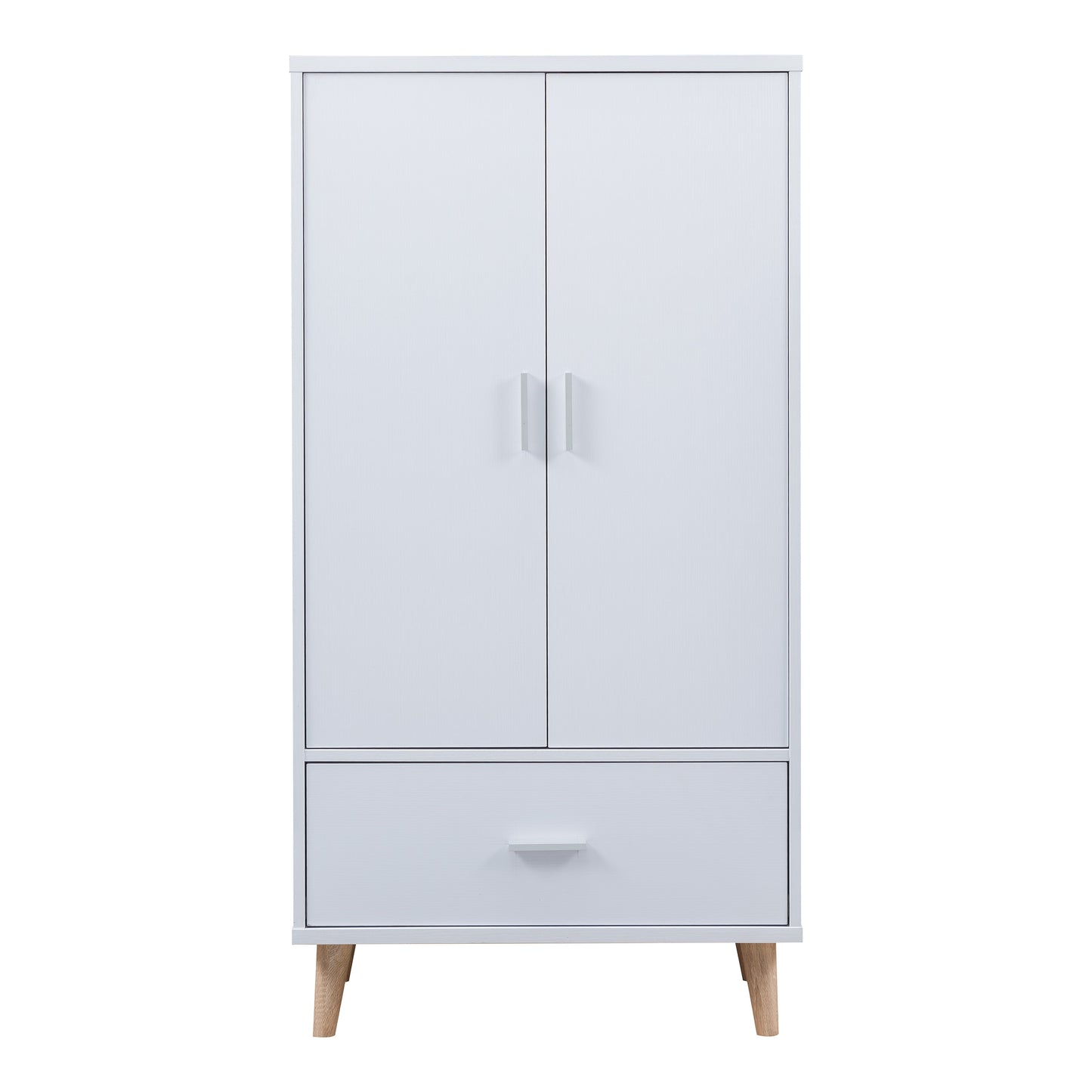 Front-facing mid-century modern white two-door one-drawer wardrobe armoire on a white background