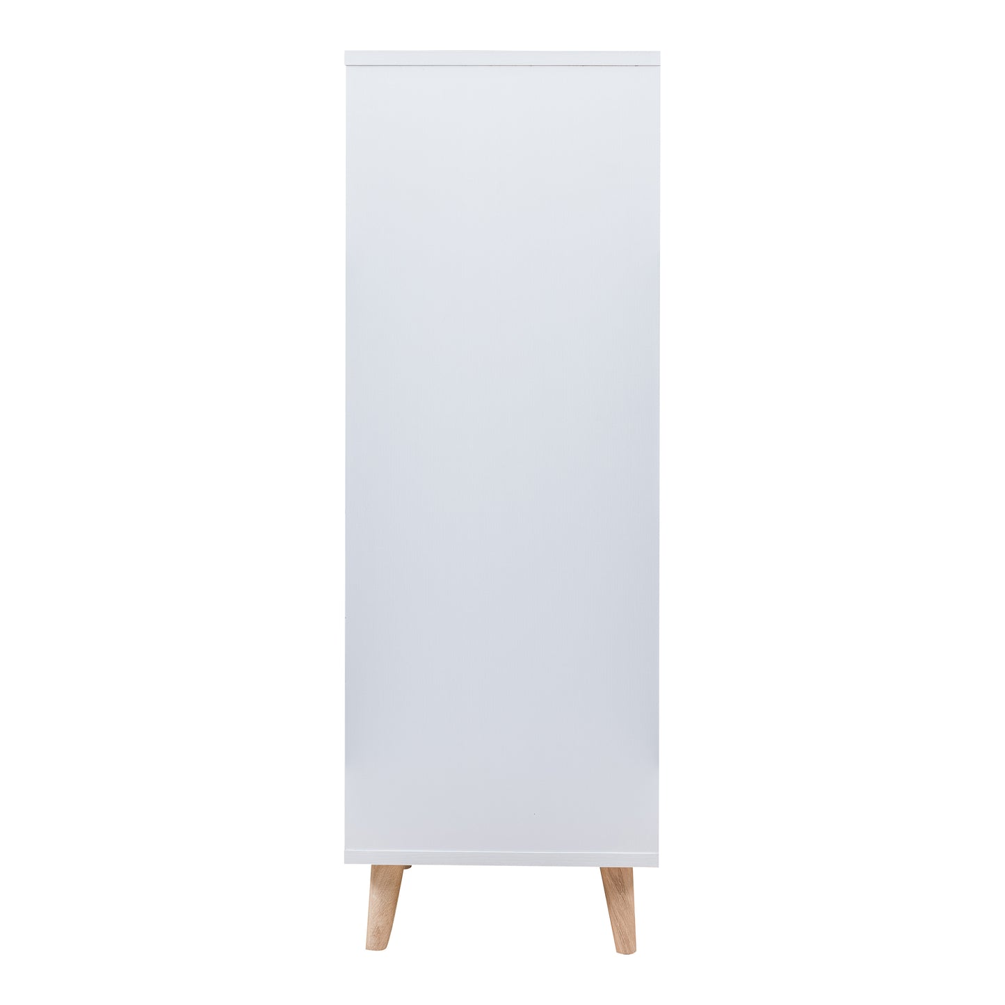 Front-facing side view of a mid-century modern white two-door one-drawer wardrobe armoire on a white background