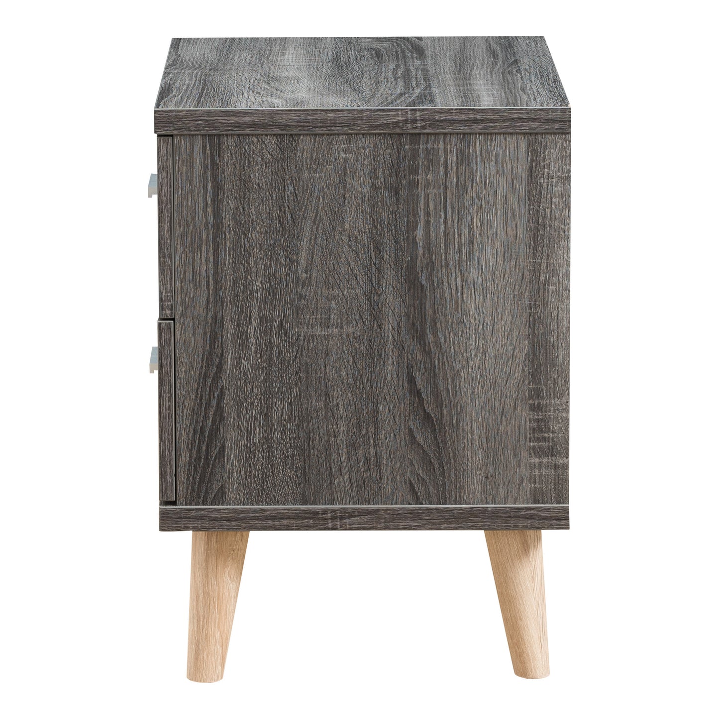 Front-facing side view of a mid-century modern distressed gray two-drawer nightstand on a white background