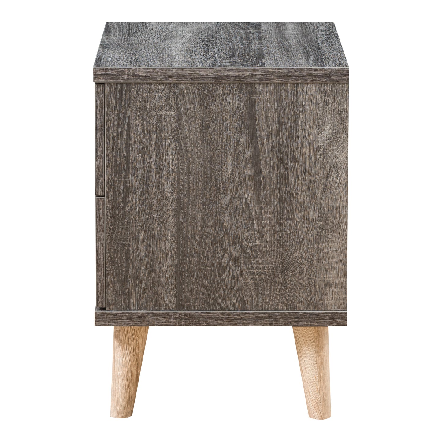 Front-facing side view of a mid-century modern distressed gray two-drawer nightstand on a white background