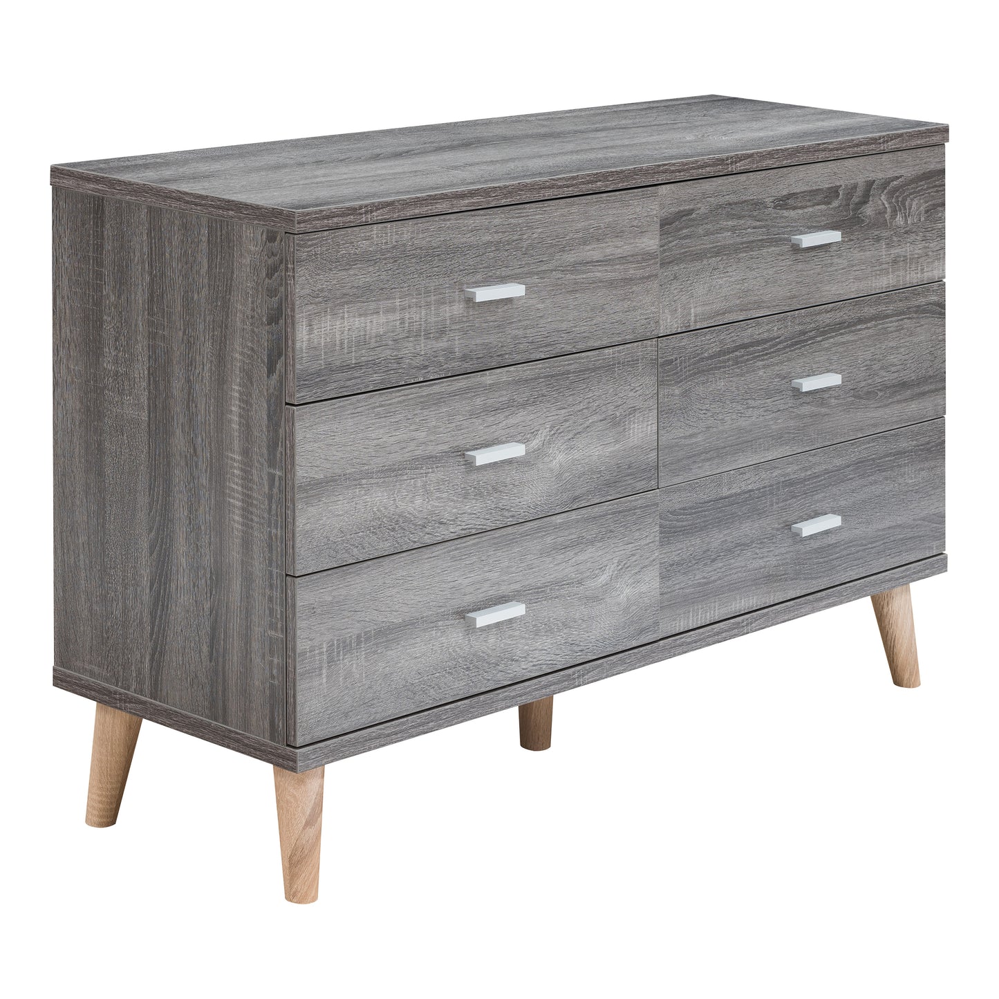 Right angled mid-century modern distressed gray six-drawer dresser on a white background