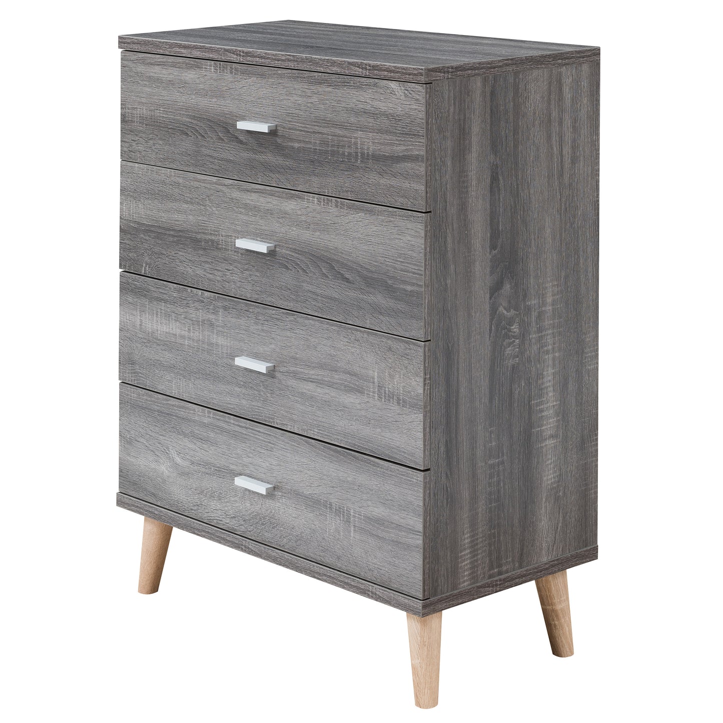 Left angled mid-century modern distressed gray four-drawer chest dresser on a white background