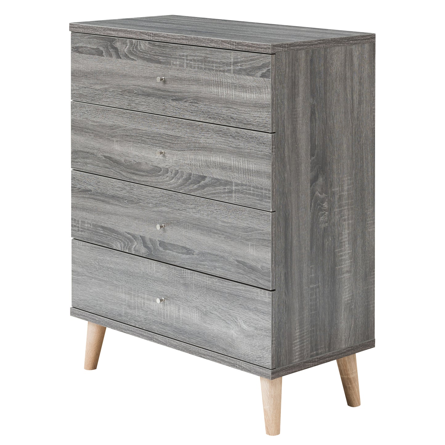 Left angled mid-century modern distressed gray four-drawer chest dresser on a white background