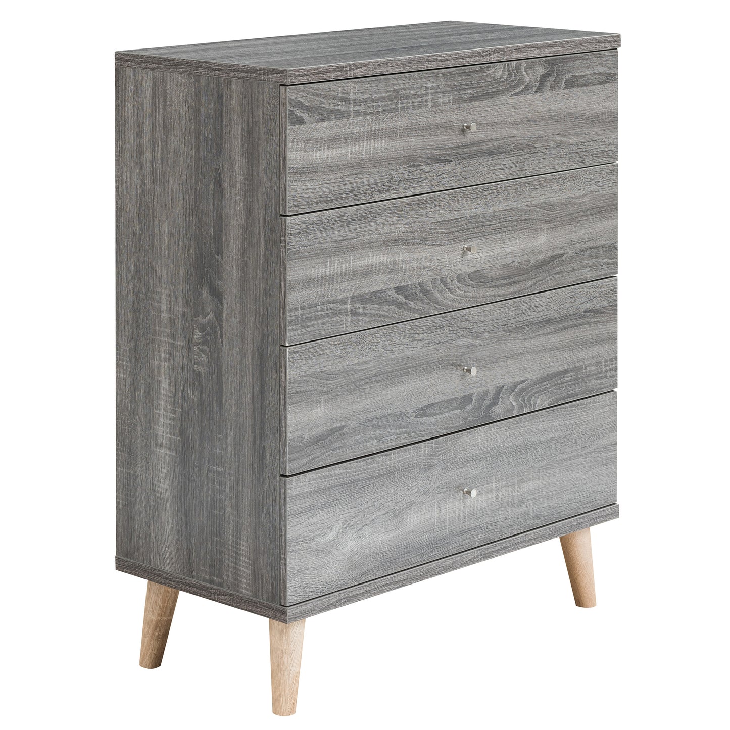 Right angled mid-century modern distressed gray four-drawer chest dresser on a white background