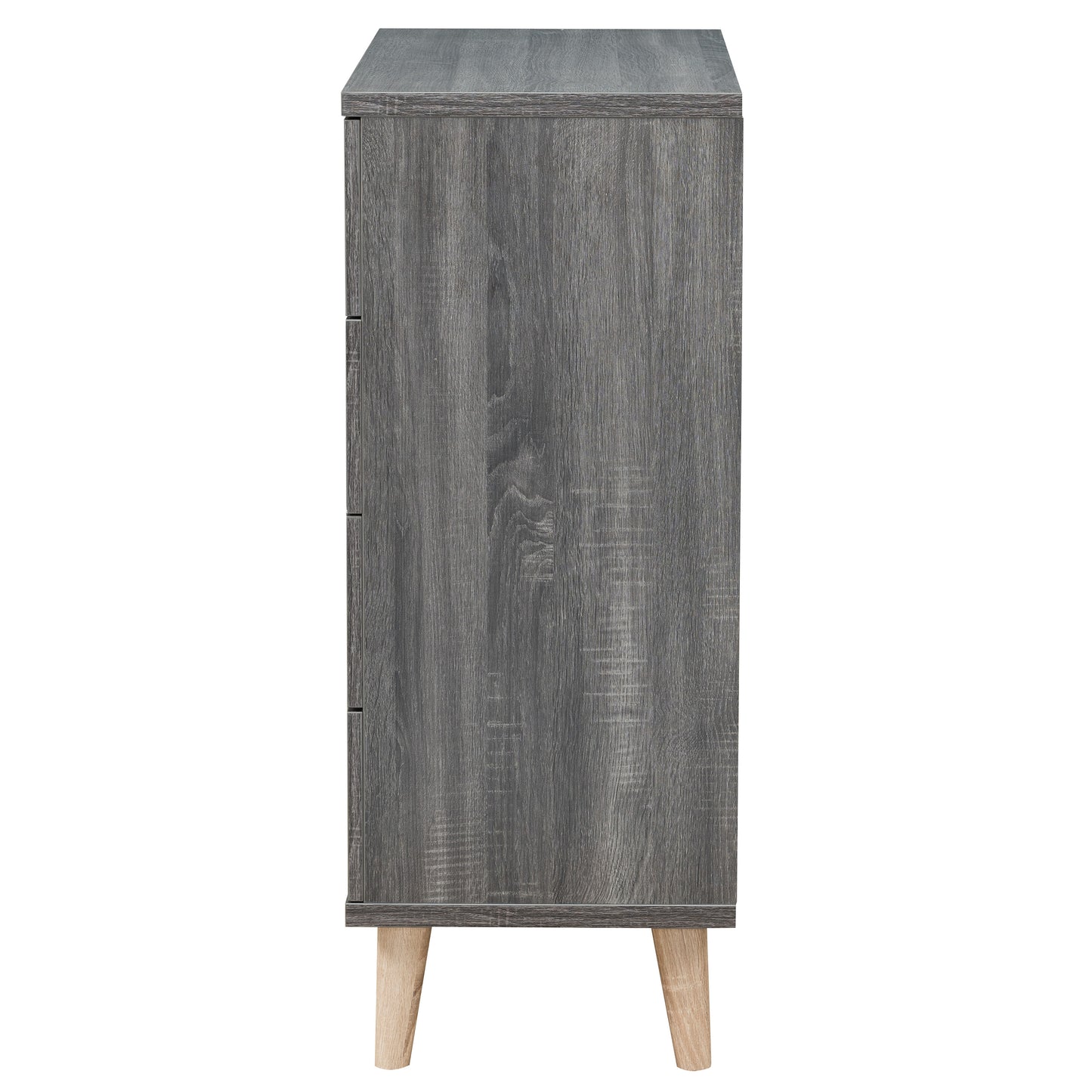 Front-facing side view of a mid-century modern distressed gray four-drawer chest dresser on a white background