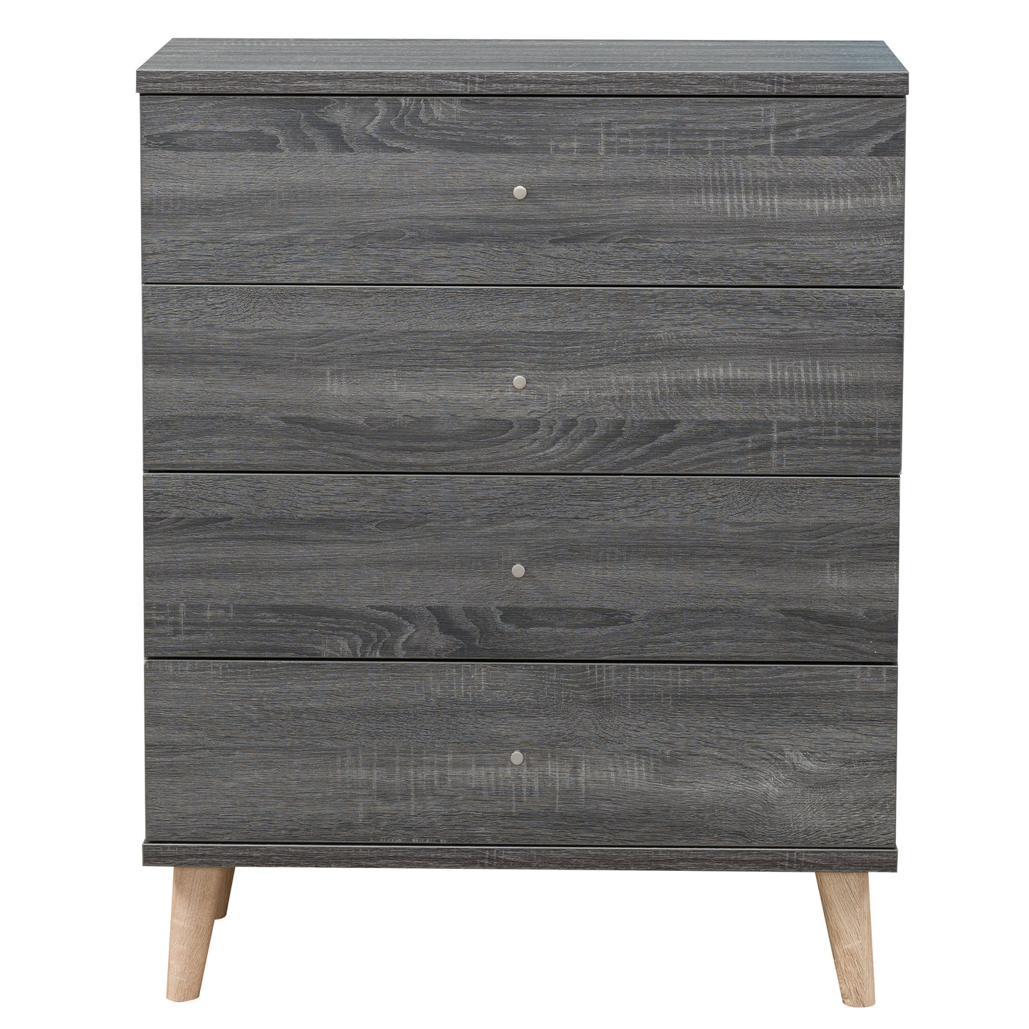 Front-facing mid-century modern distressed gray four-drawer chest dresser on a white background