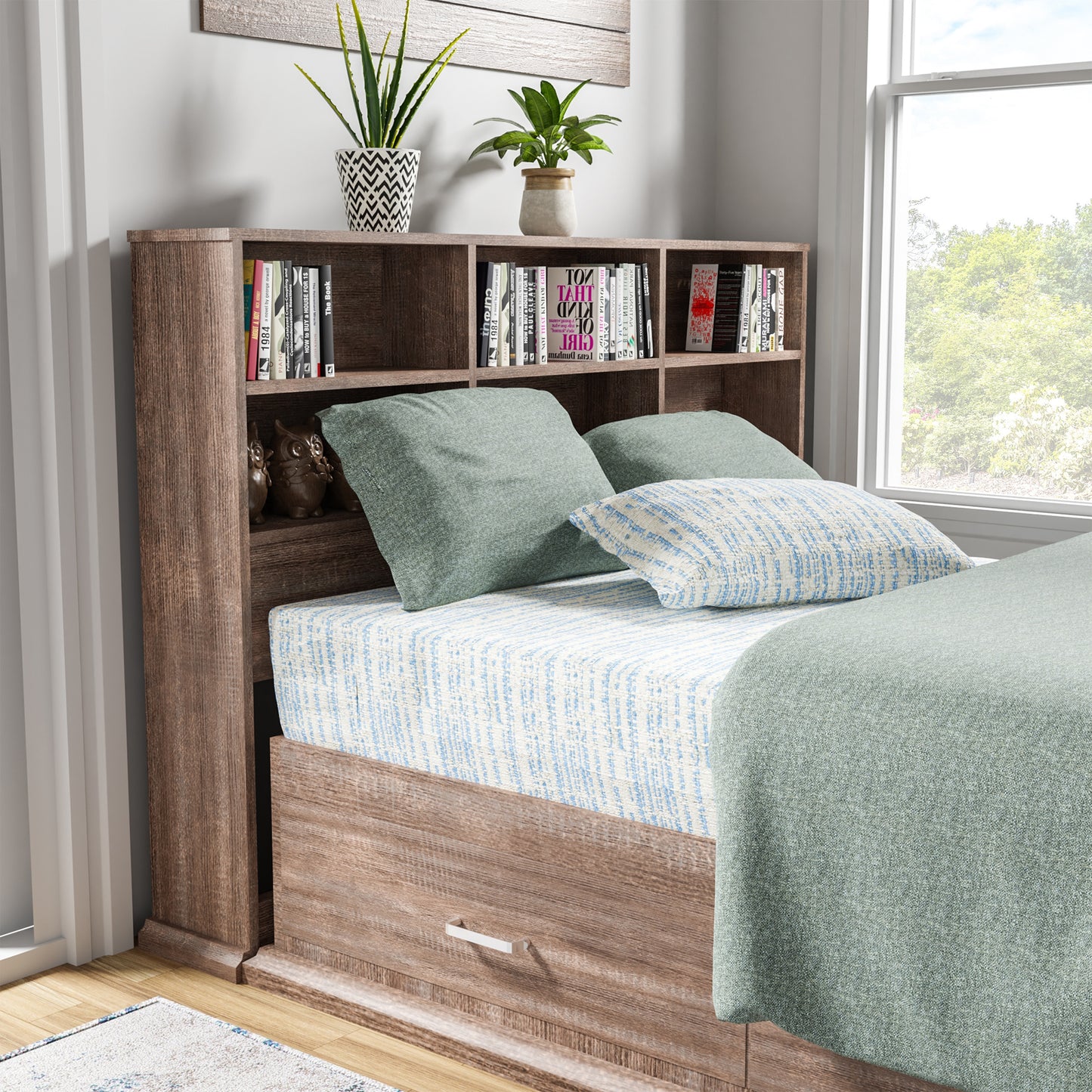 Right angled transitional white oak six-shelf standing bookcase headboard shown with a bed in a bedroom with accessories