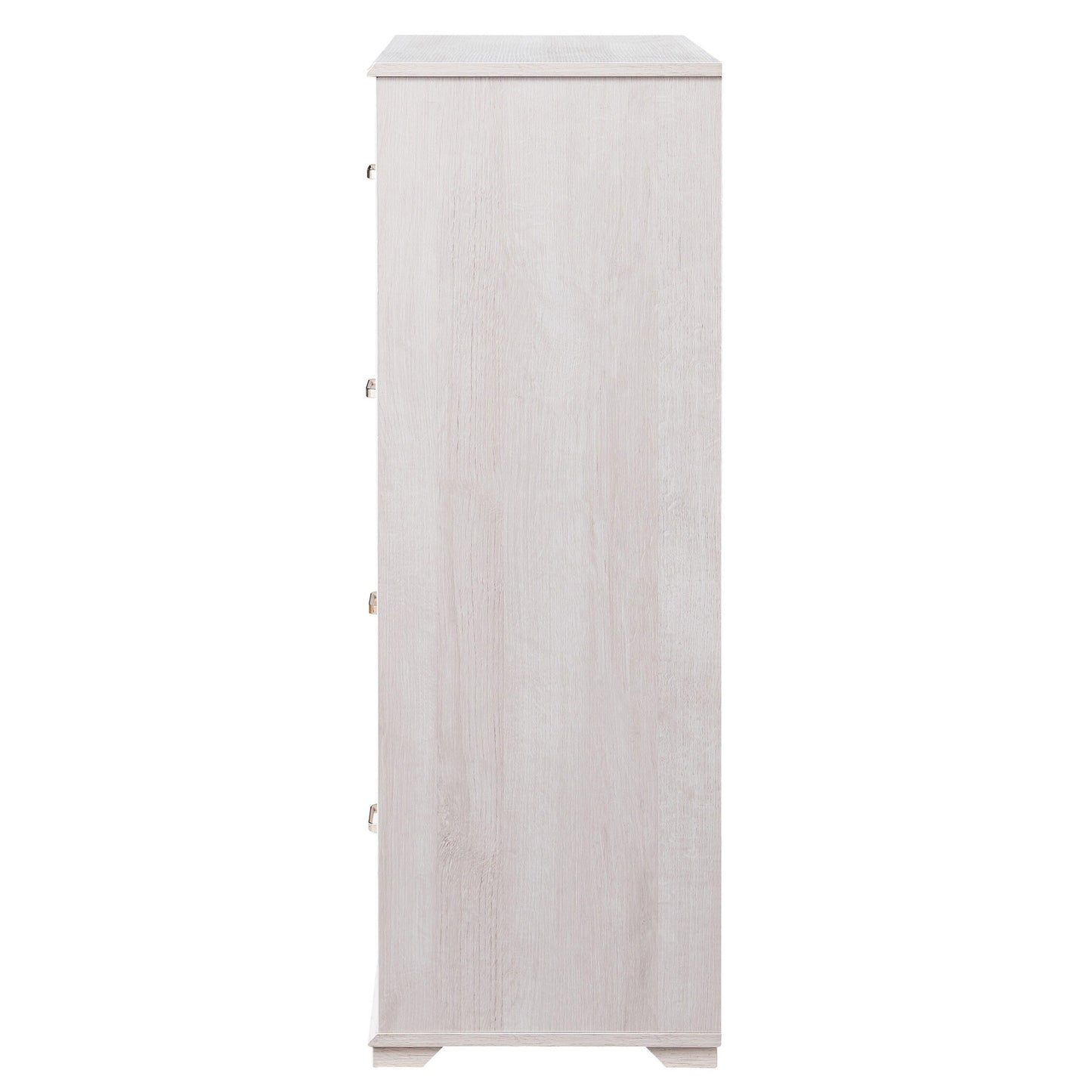 Front-facing side view of a contemporary white oak four-drawer chest dresser on a white background