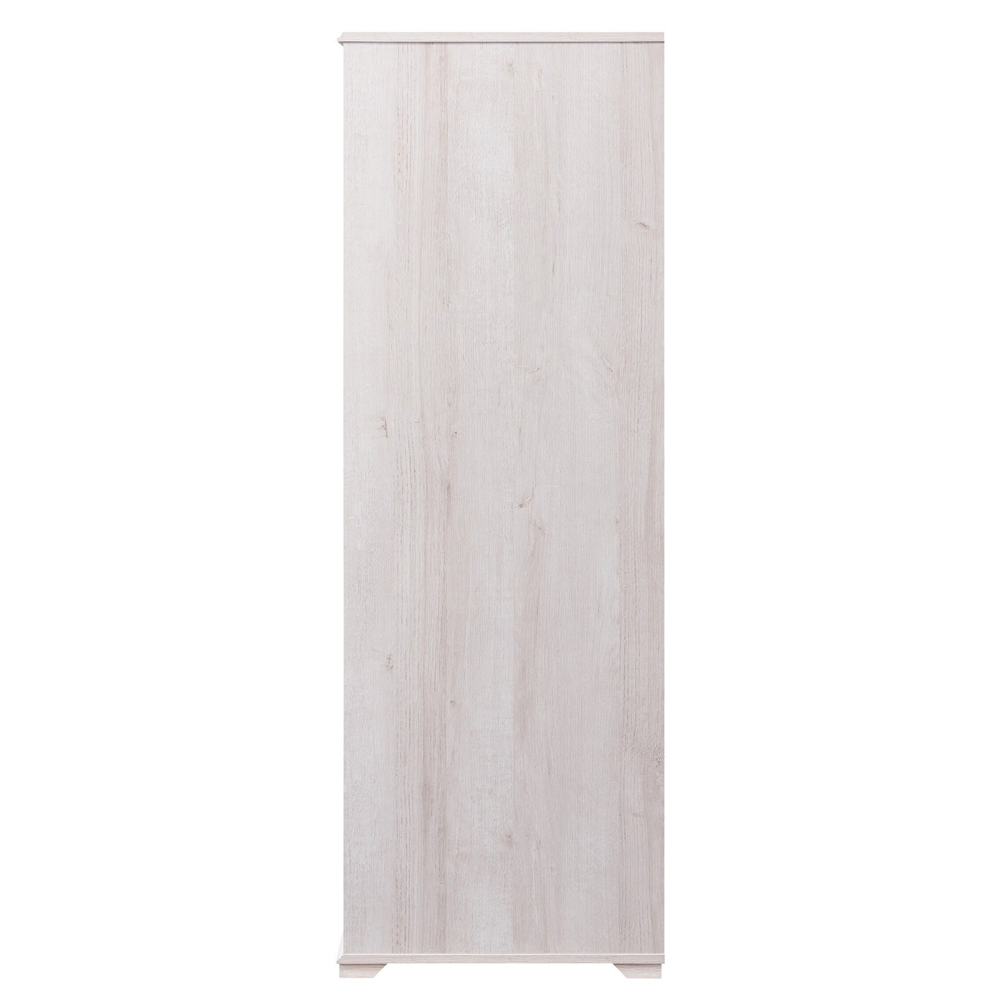 Front-facing side view of a contemporary white oak two-door one-drawer wardrobe armoire on a white background