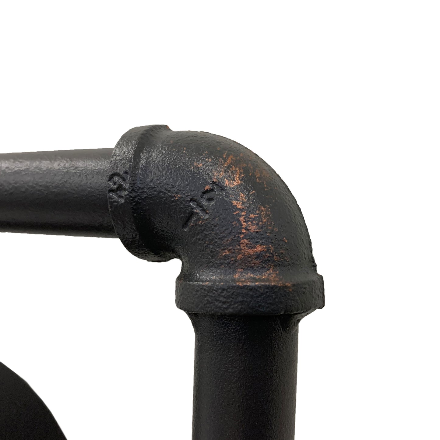 Left angled close-up water pipe corner joint detail from an industrial reclaimed black oak and water pipe wall mirror on a white background