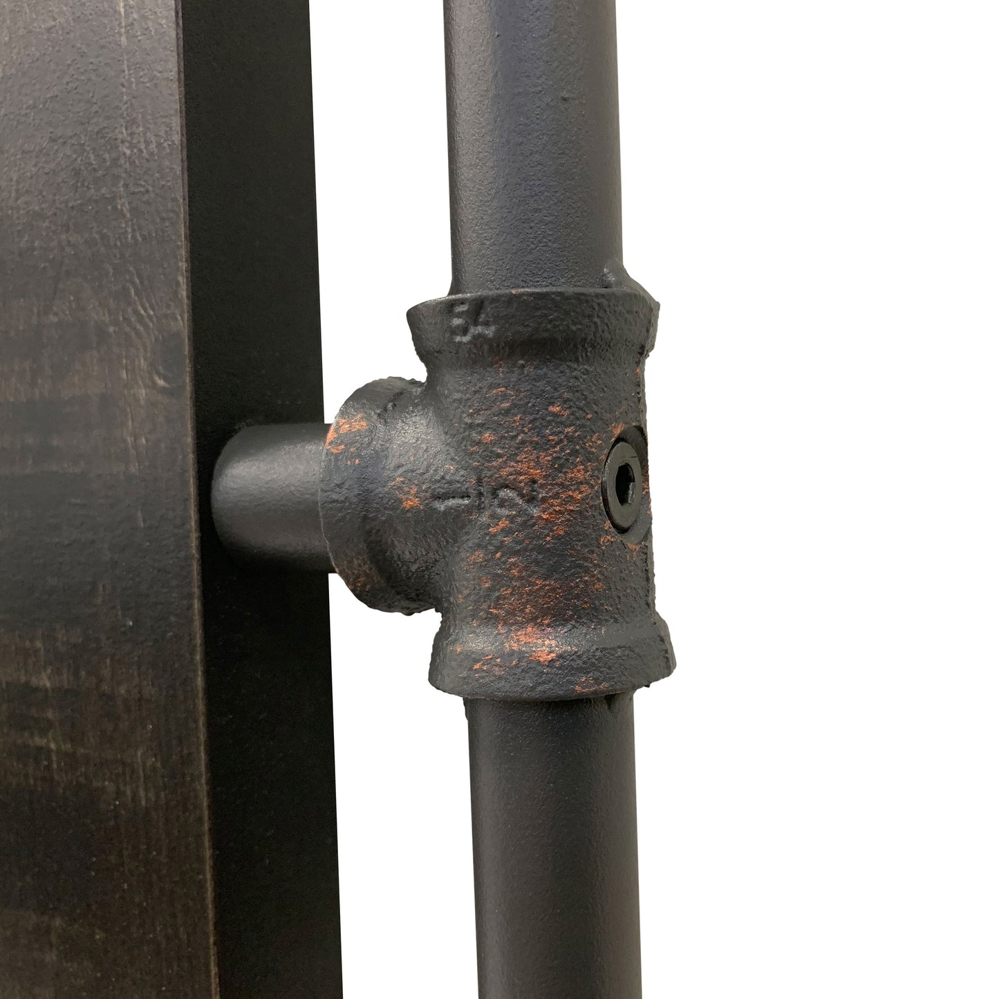Left angled close-up water pipe joint detail from an industrial reclaimed black oak and water pipe wall mirror on a white background