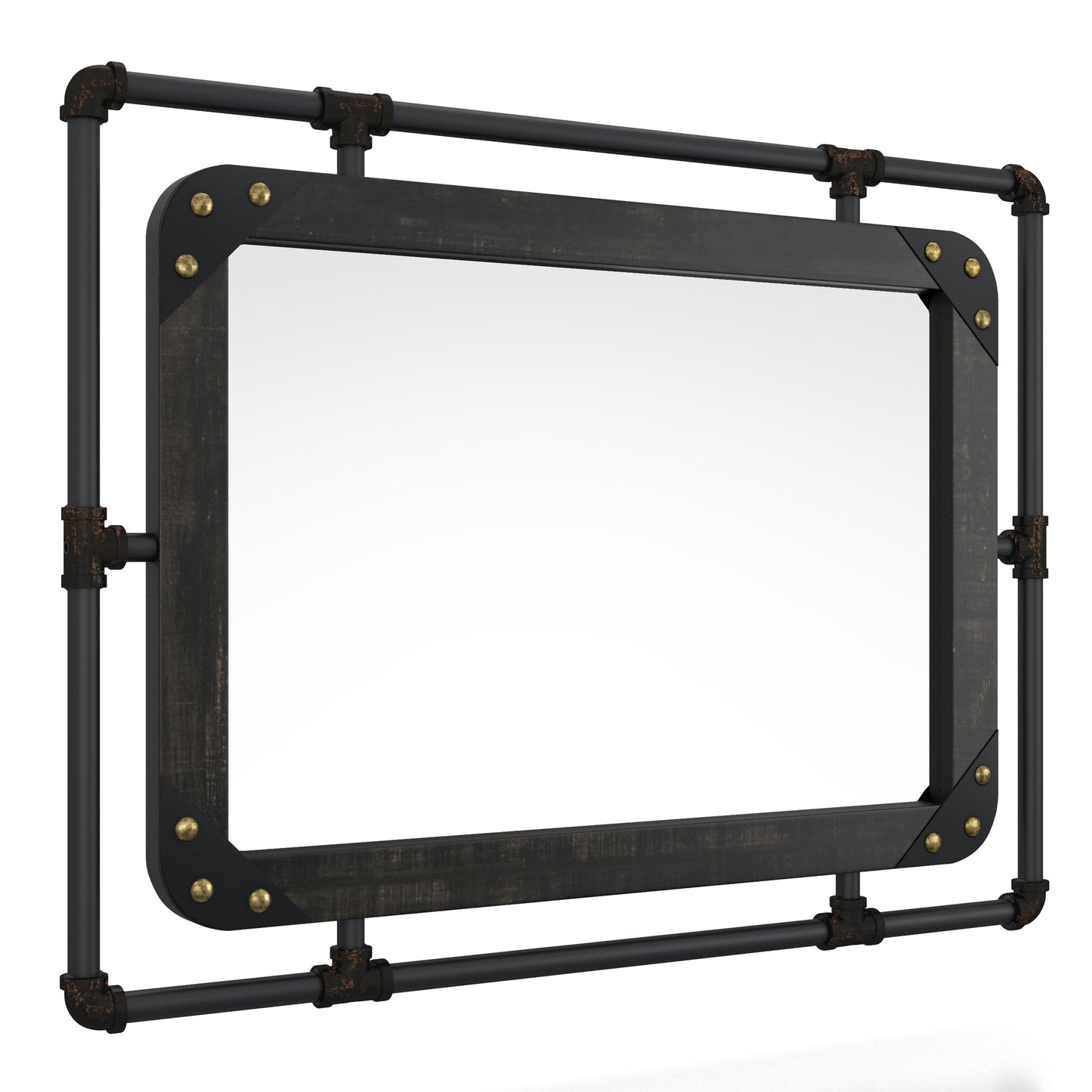 Right angled industrial reclaimed black oak and water pipe wall mirror on a white background