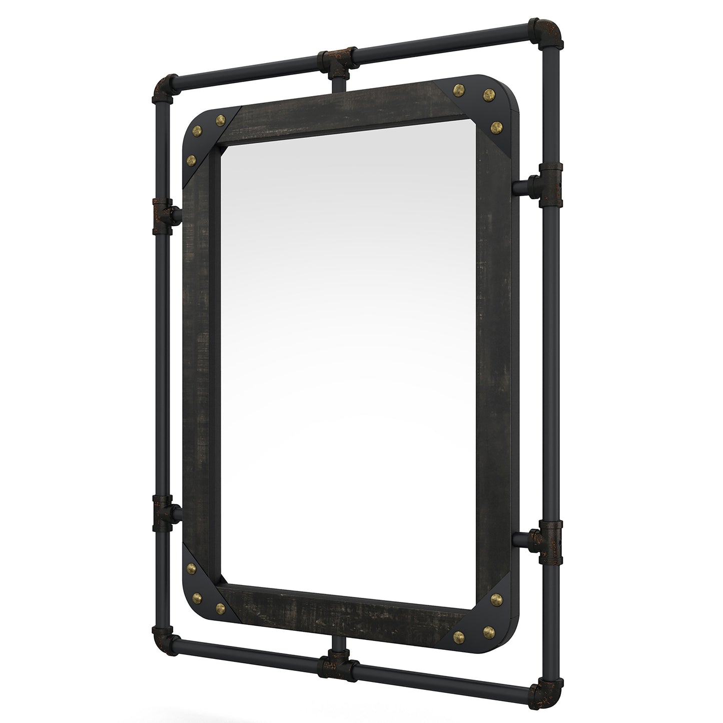Left angled industrial reclaimed black oak and water pipe wall mirror on a white background