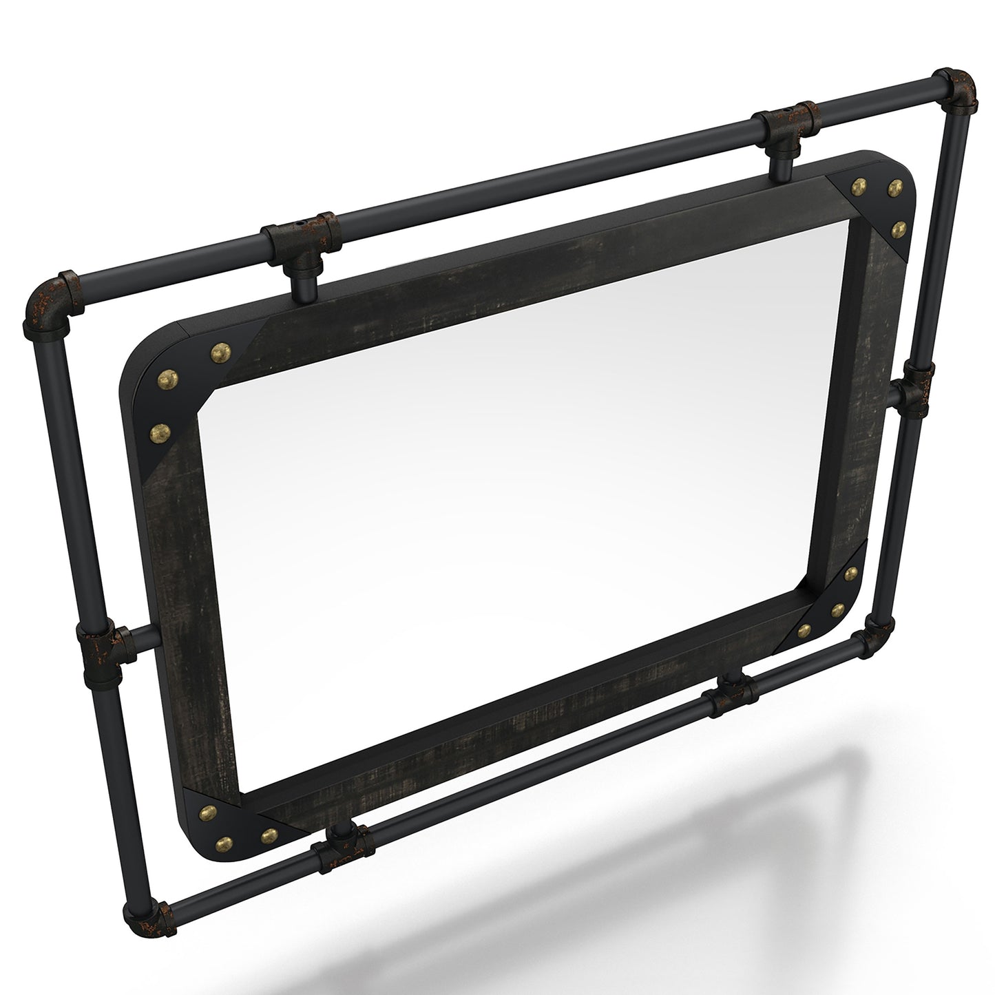 Right angled bird's eye view of an industrial reclaimed black oak and water pipe wall mirror on a white background