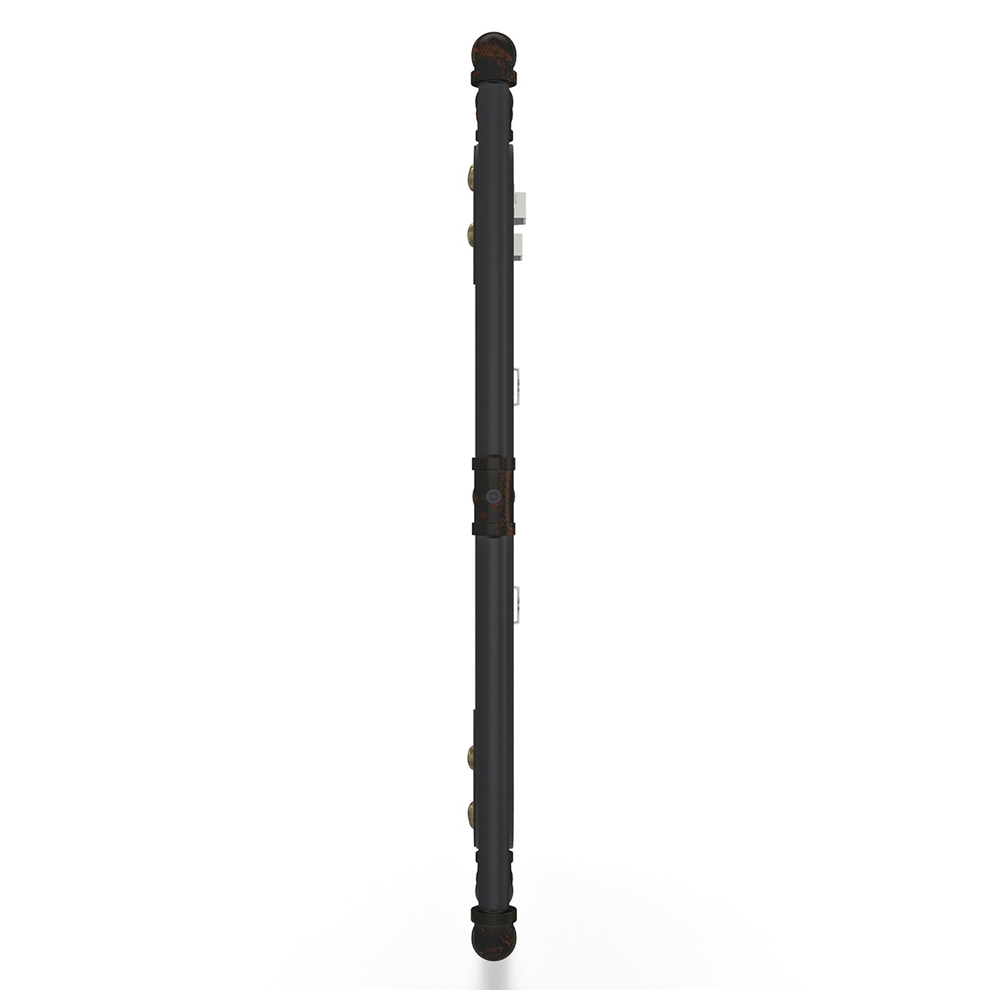 Front-facing side view of an industrial reclaimed black oak and water pipe wall mirror on a white background