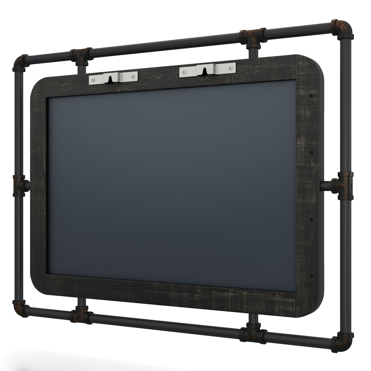 Left angled back view of an industrial reclaimed black oak and water pipe wall mirror on a white background