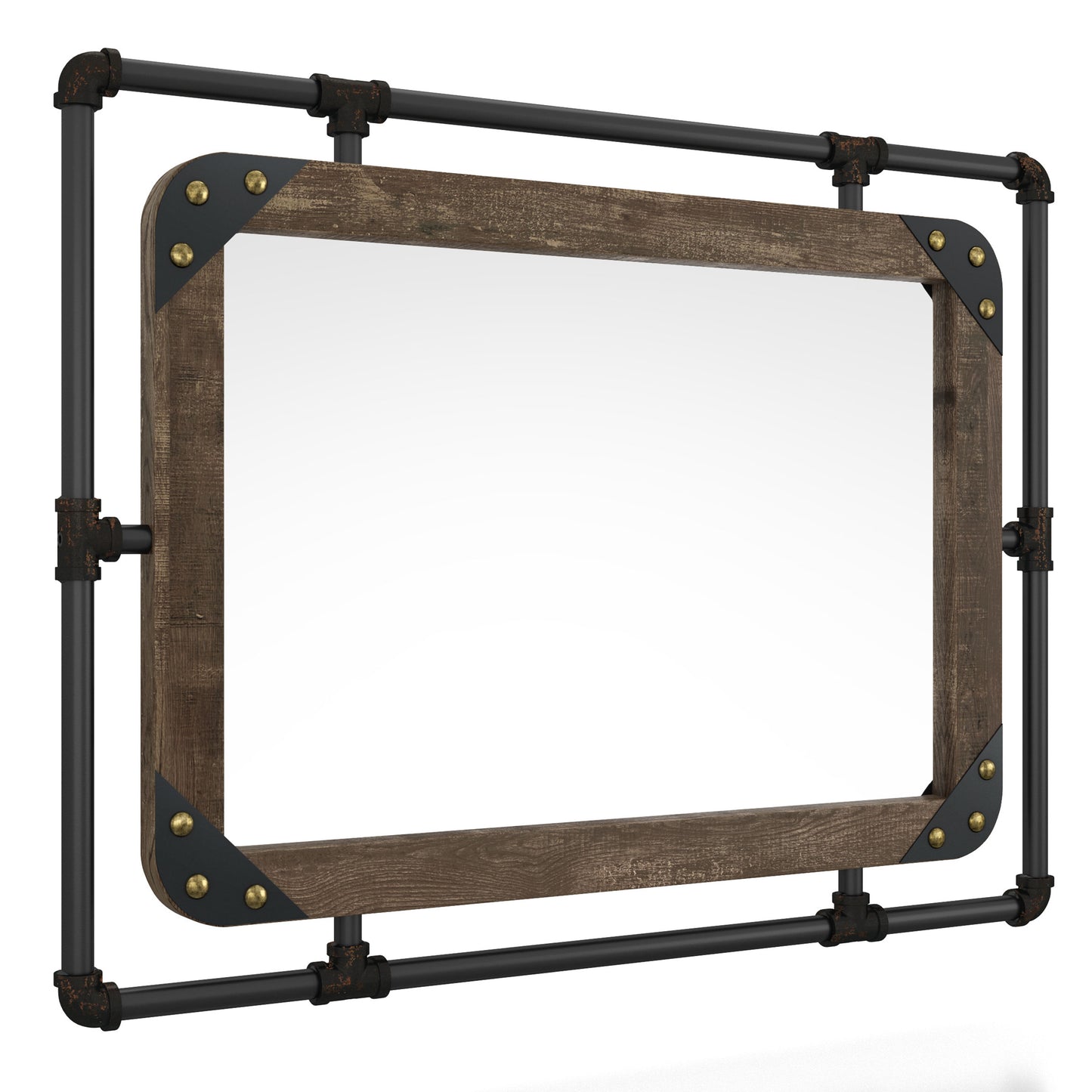 Right angled industrial reclaimed oak and water pipe wall mirror on a white background