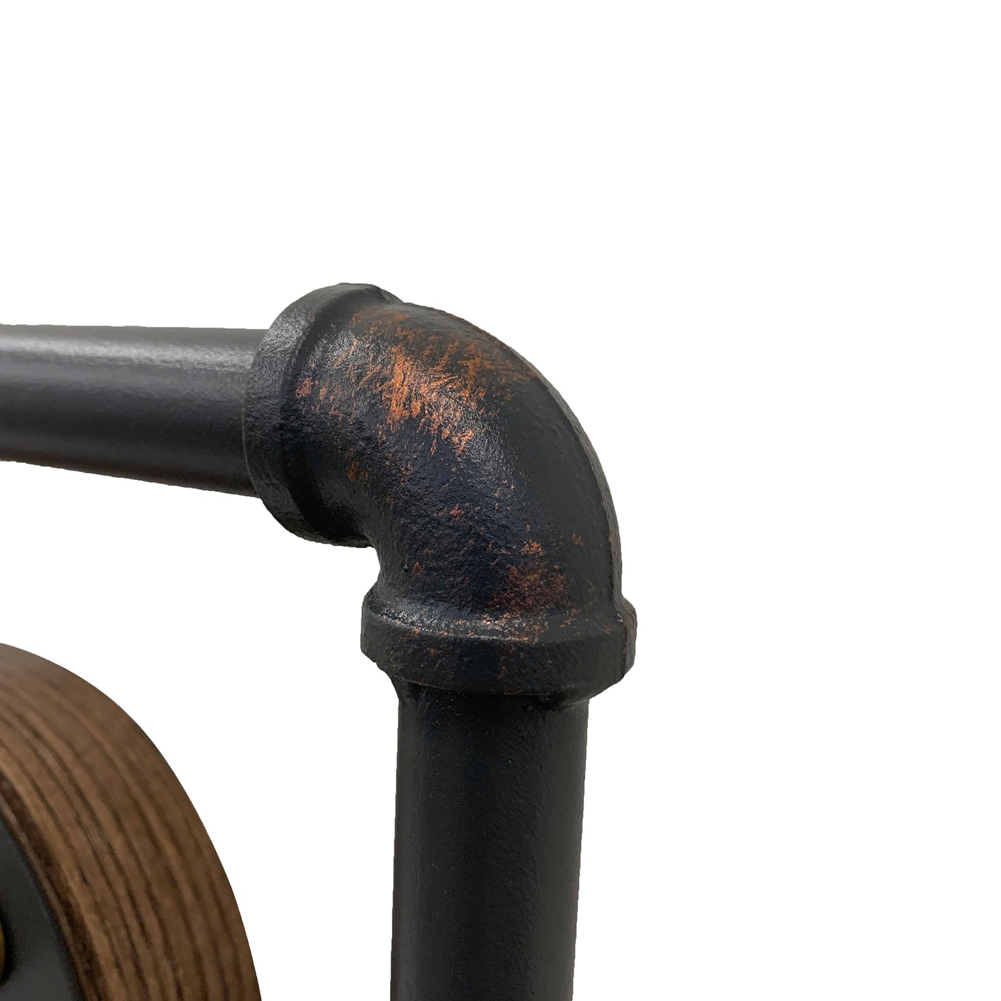 Right angled close-up water pipe joint detail from an industrial reclaimed oak and water pipe wall mirror on a white background