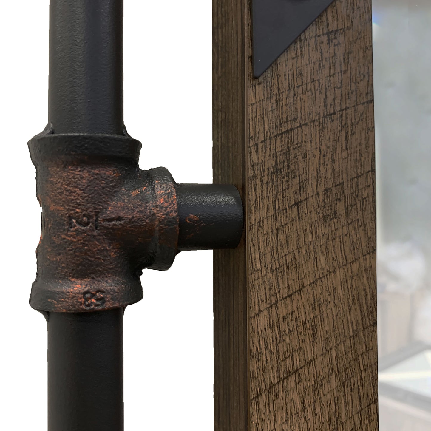Left angled close-up water pipe joint detail from an industrial reclaimed oak and water pipe wall mirror on a white background