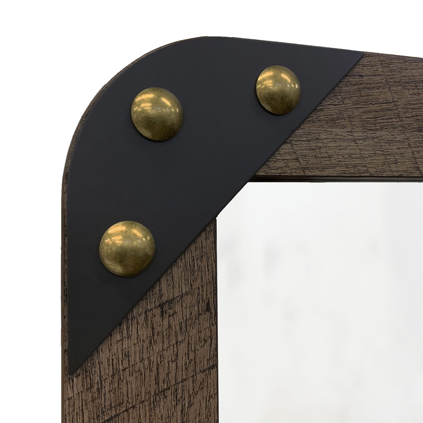 Left angled close-up corner bracket detail from an industrial reclaimed oak and water pipe wall mirror on a white background