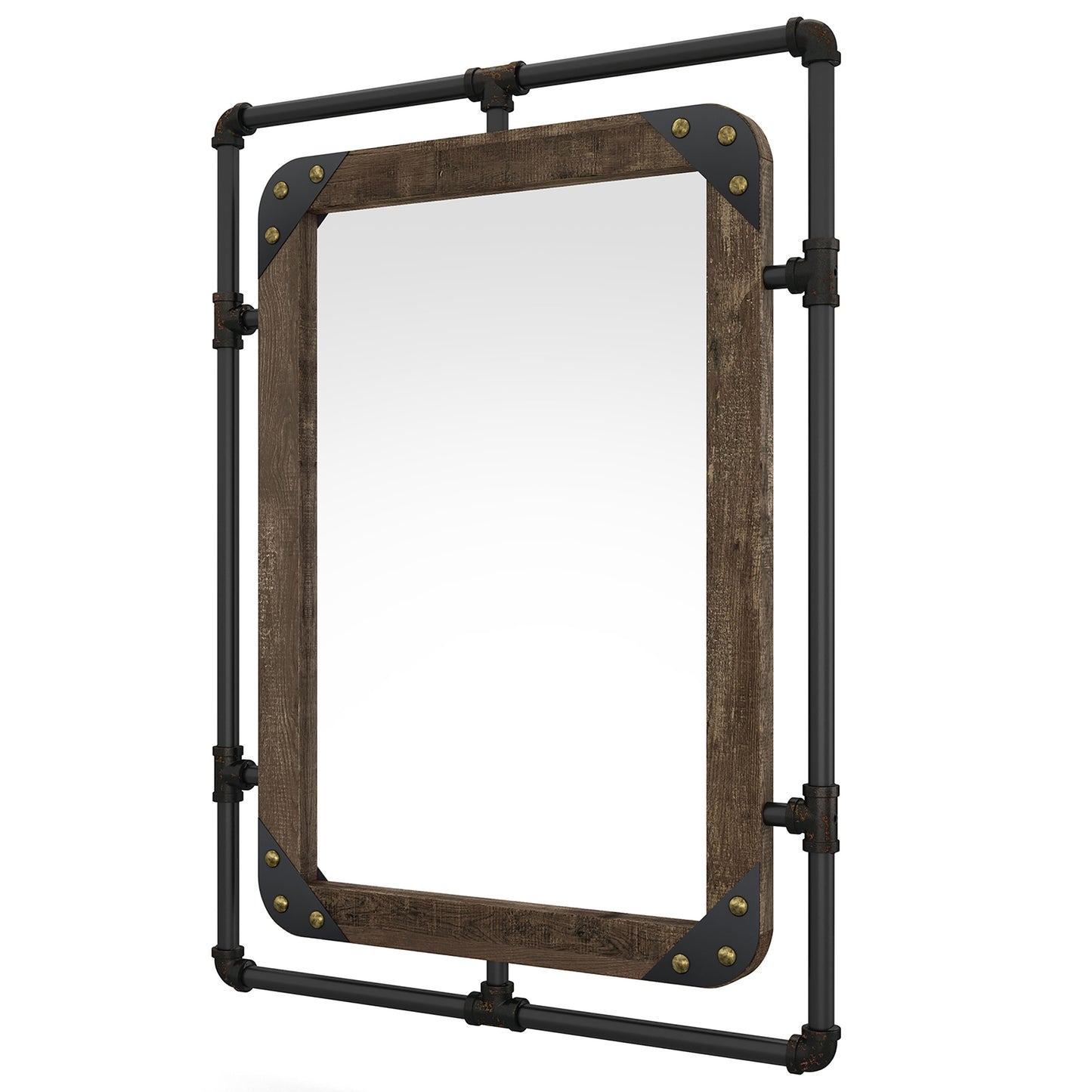 Left angled industrial reclaimed oak and water pipe wall mirror on a white background