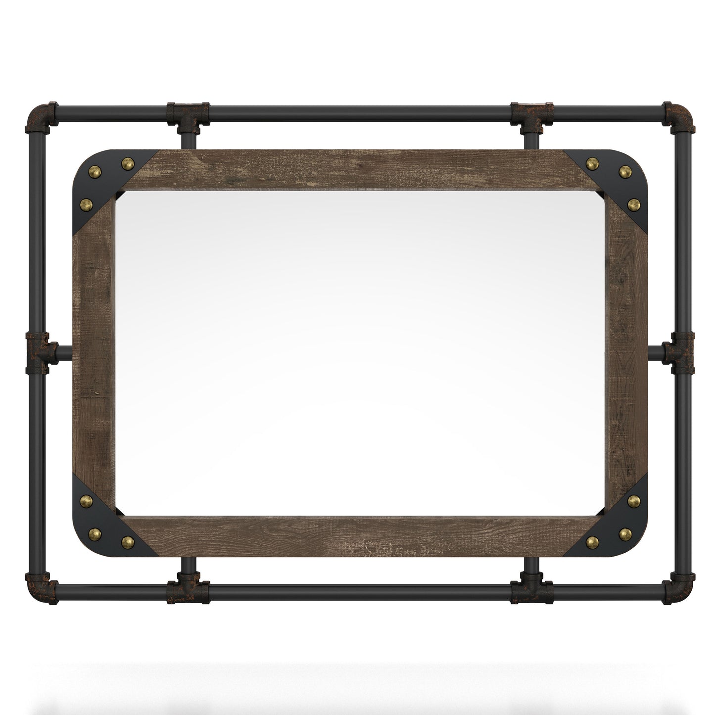 Front-facing industrial reclaimed oak and water pipe wall mirror on a white background