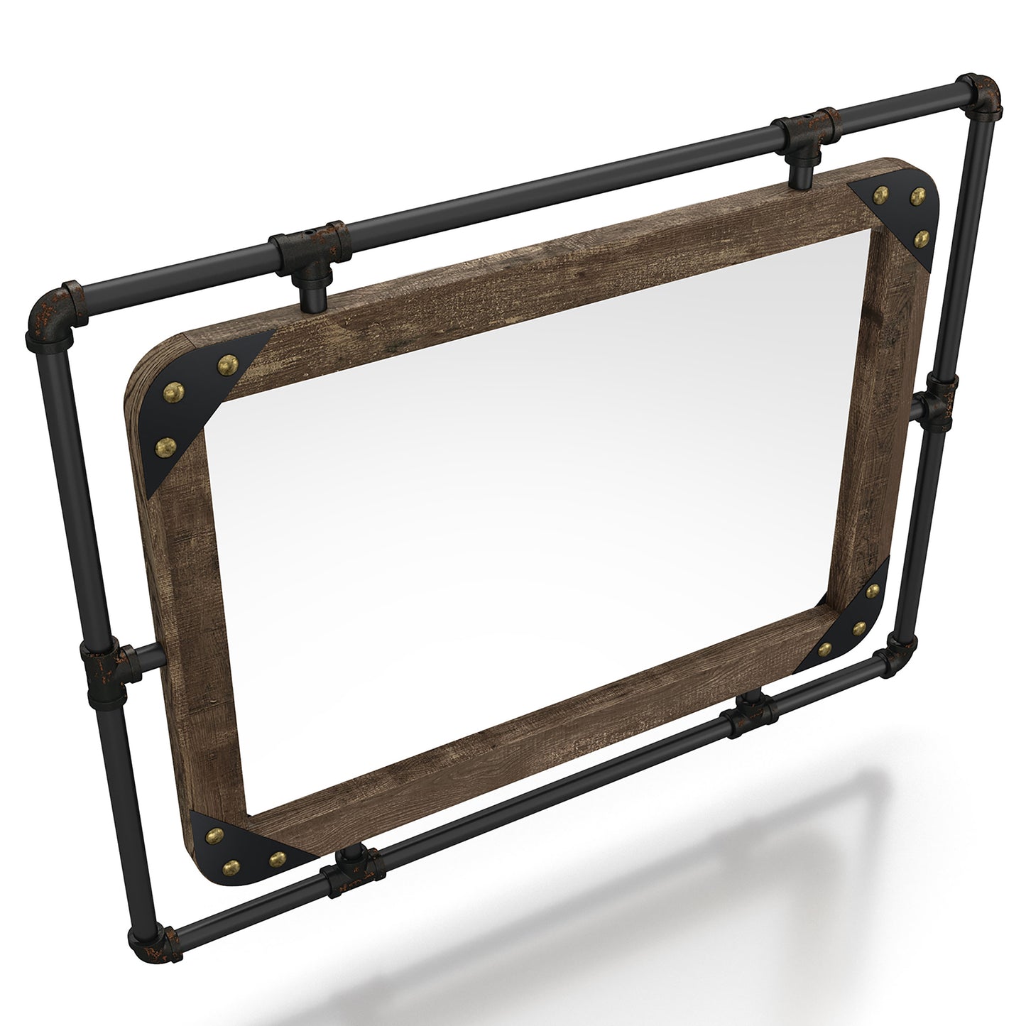 Right angled bird's eye view of an industrial reclaimed oak and water pipe wall mirror on a white background