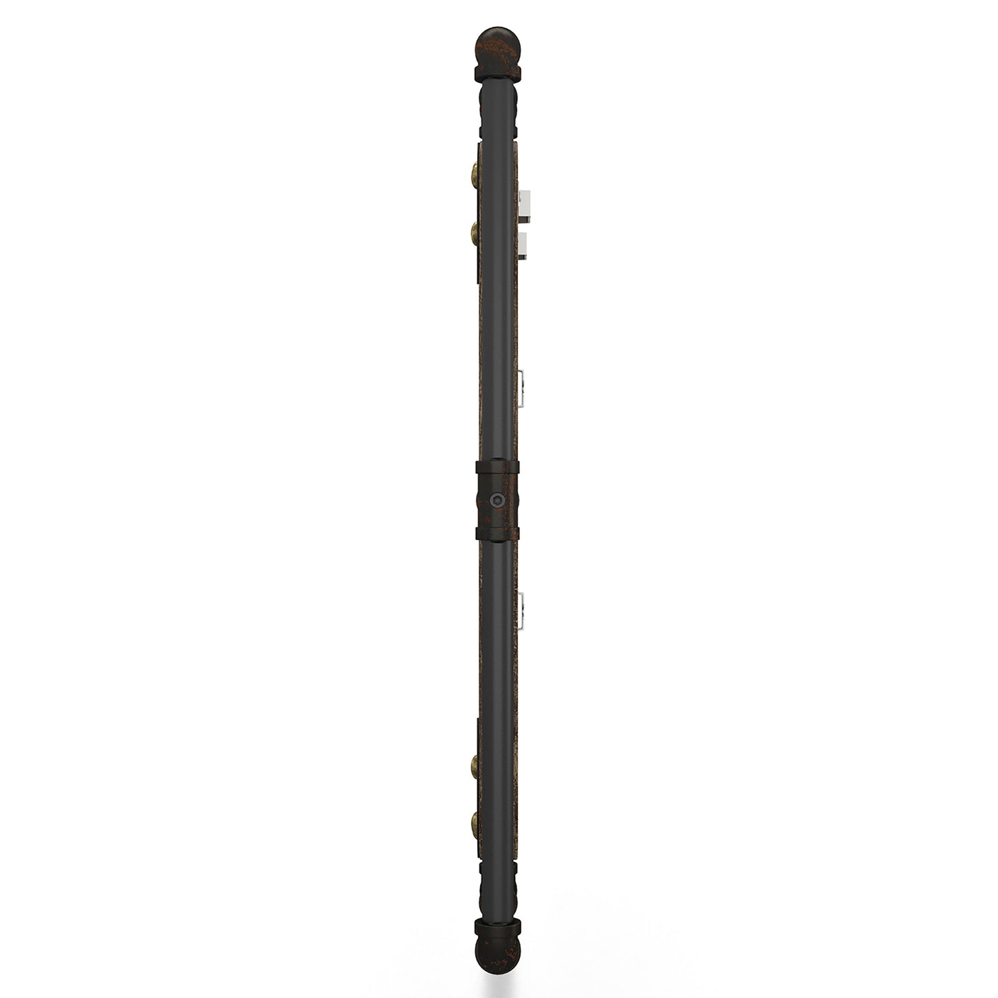 Front-facing side view of an industrial reclaimed oak and water pipe wall mirror on a white background