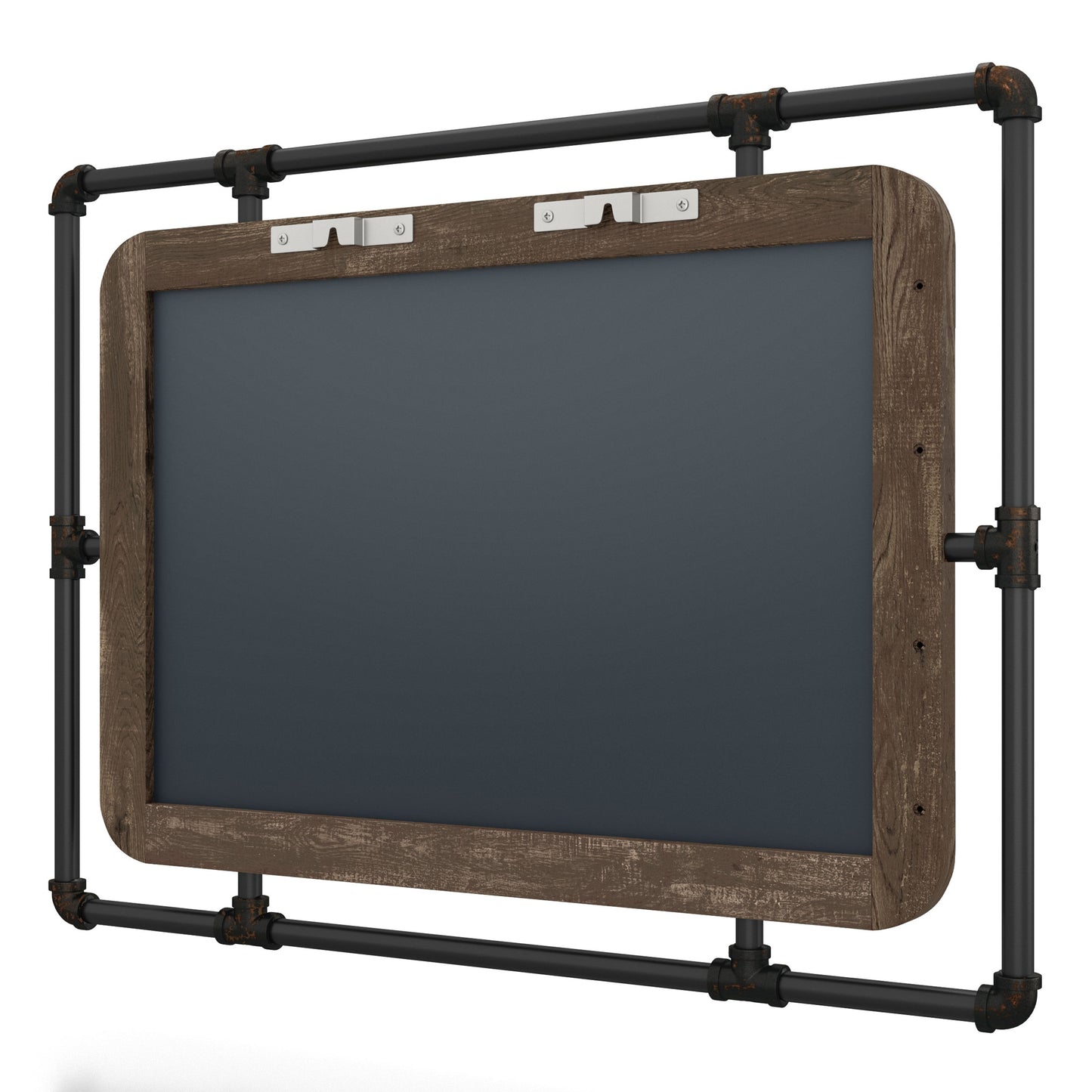Left angled back view of an industrial reclaimed oak and water pipe wall mirror on a white background