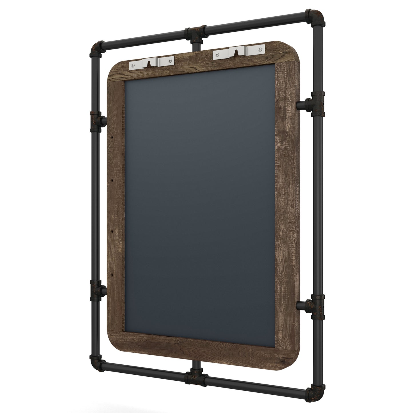 Left angled back view of an industrial reclaimed oak and water pipe wall mirror on a white background