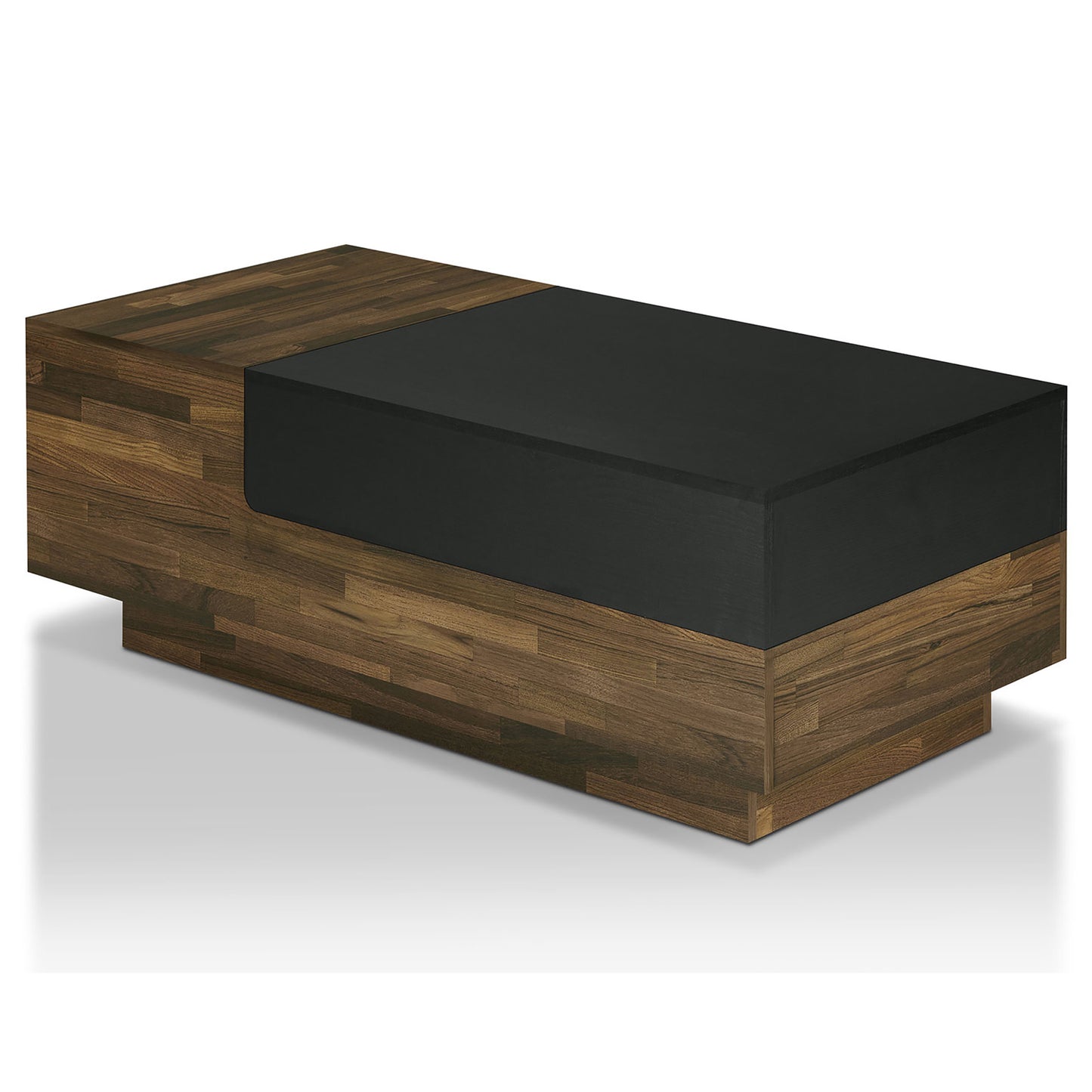 Left angled back view of a contemporary light hickory and black sliding top one-drawer coffee table on a white background