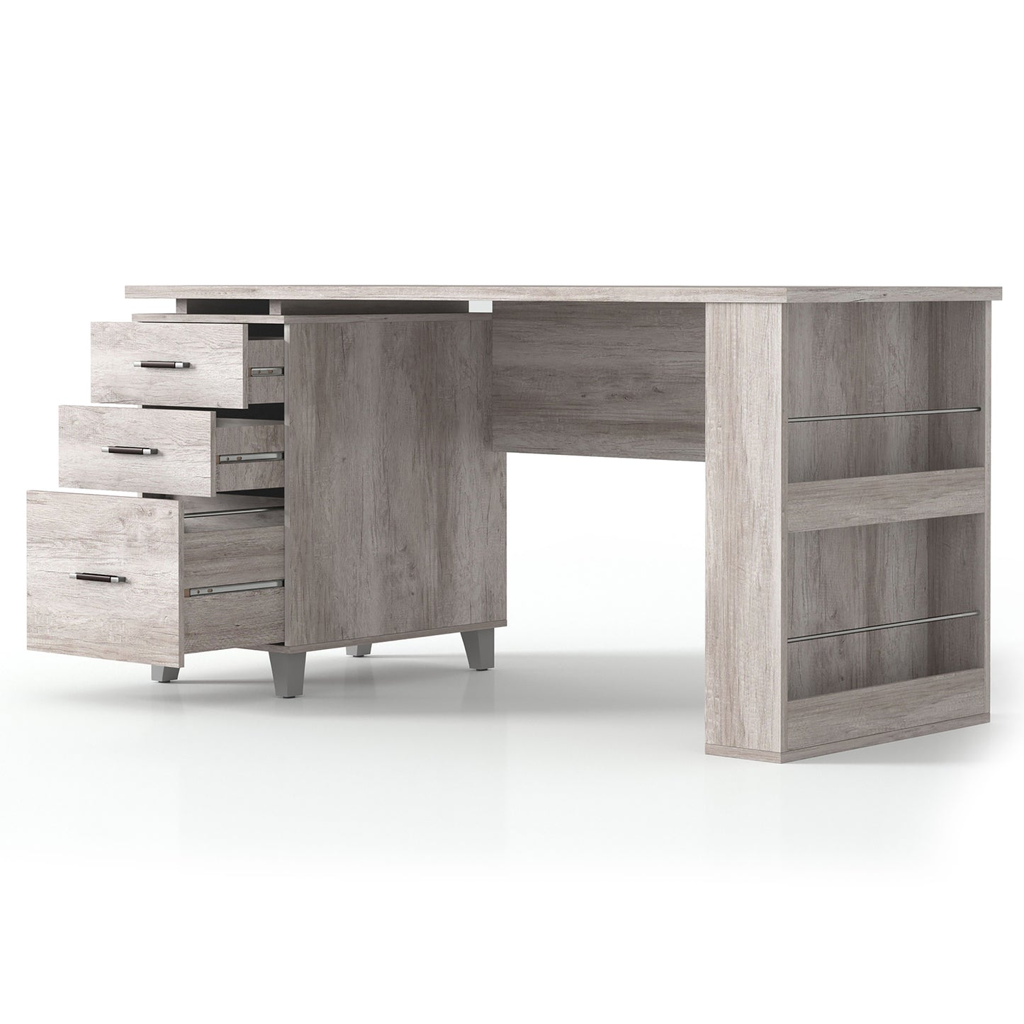 Left angled transitional coastal white three-drawer office desk with magazine racks and drawers open on a white background