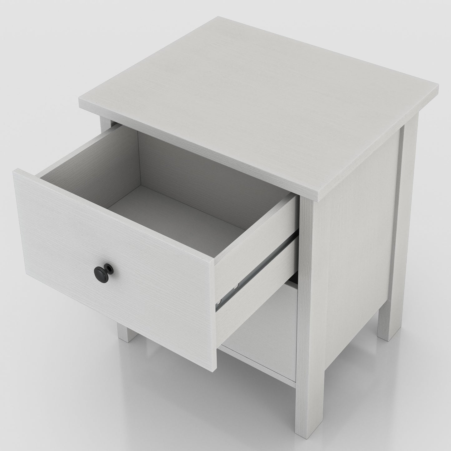 Left angled upper view of a transitional white two-drawer nightstand with top drawer open on a white background