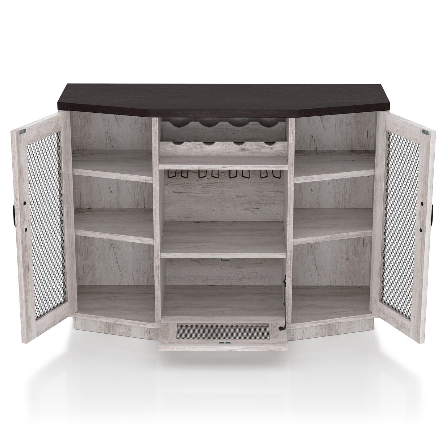 Front-facing farmhouse coastal white six-shelf buffet with wine storage and stemware racks and doors open on a white background