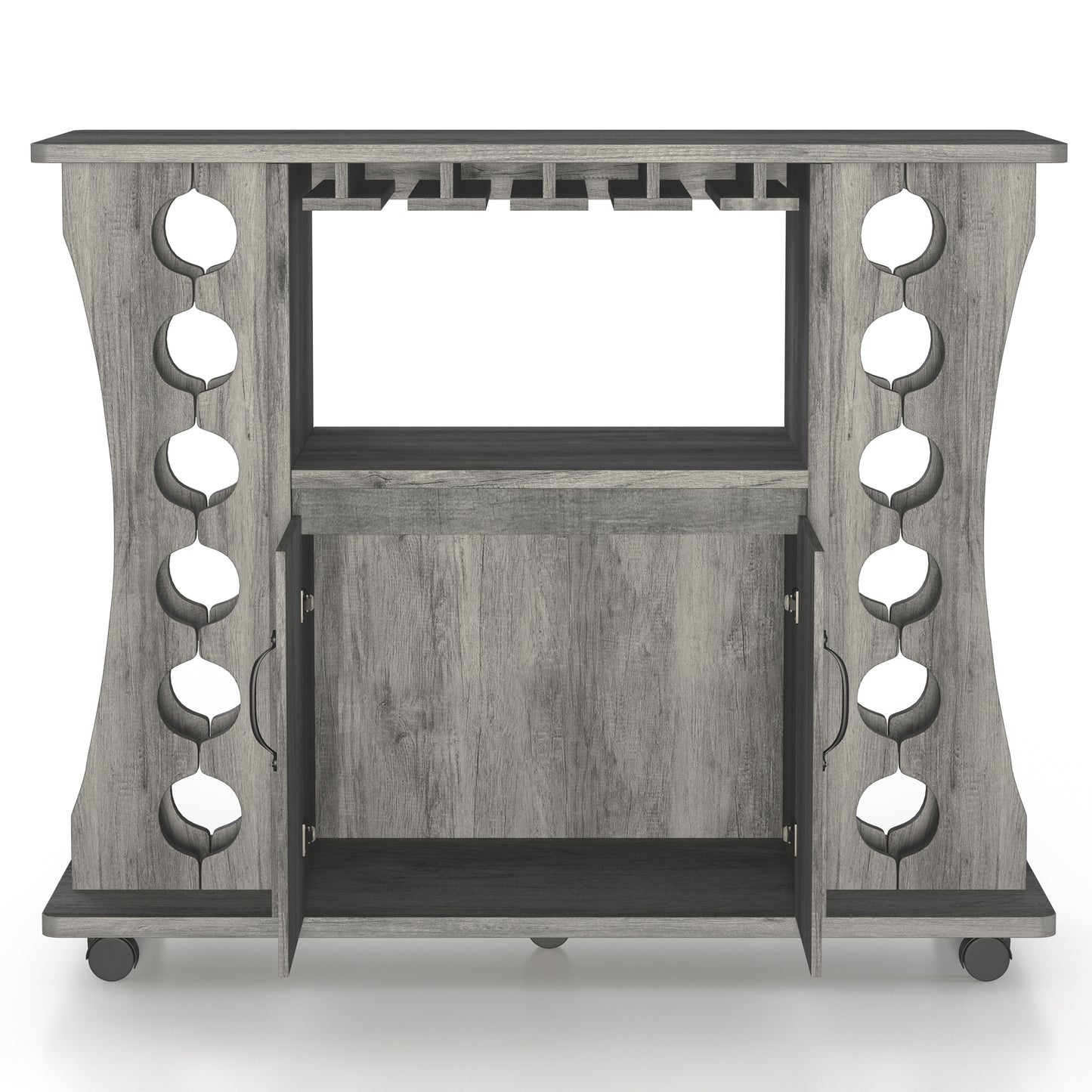 Front-facing transitional vintage gray oak two-door mobile bar table with bottle and stemware racks and doors open on a white background